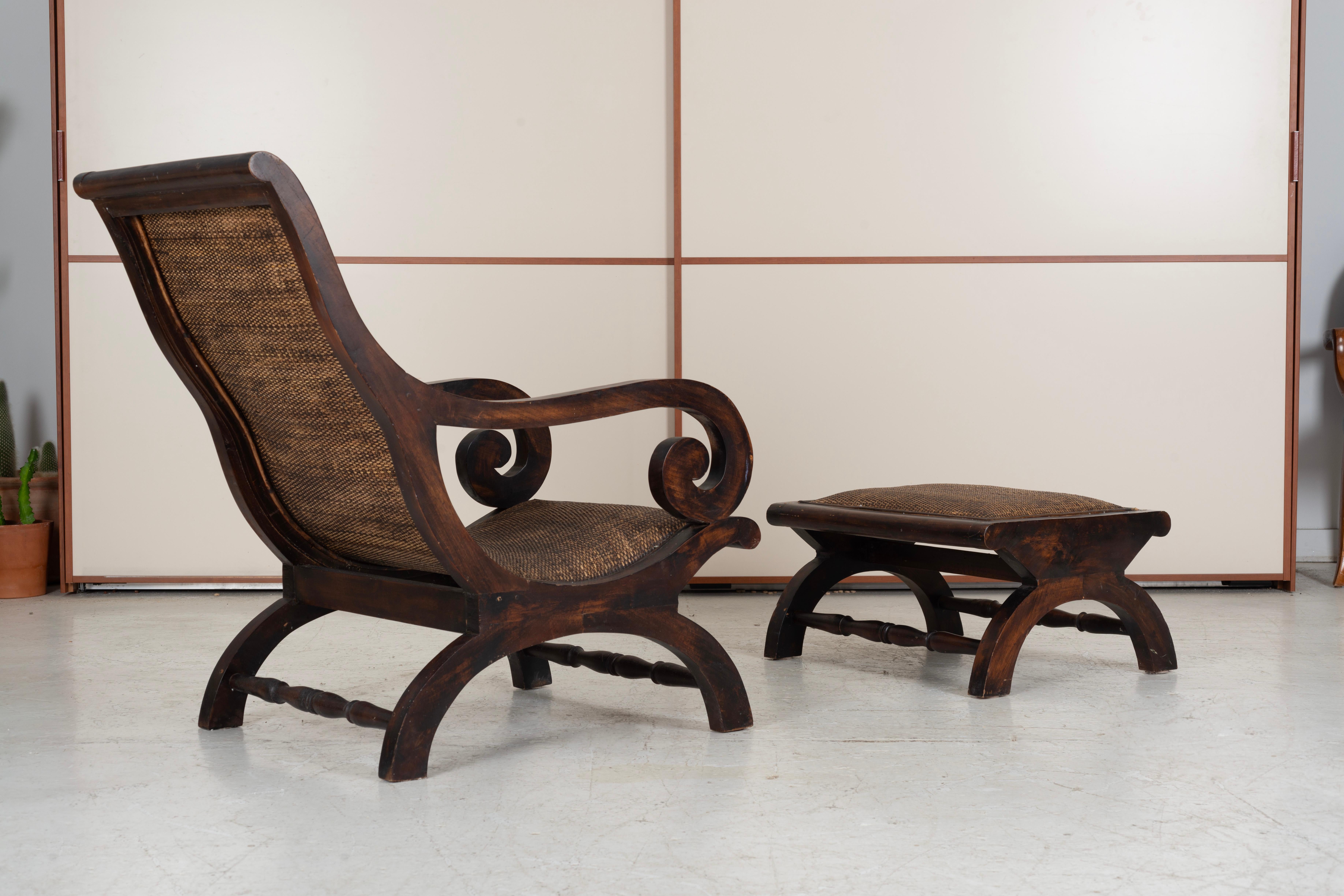 British Colonial Campeche Lounge Chair and Ottoman  For Sale