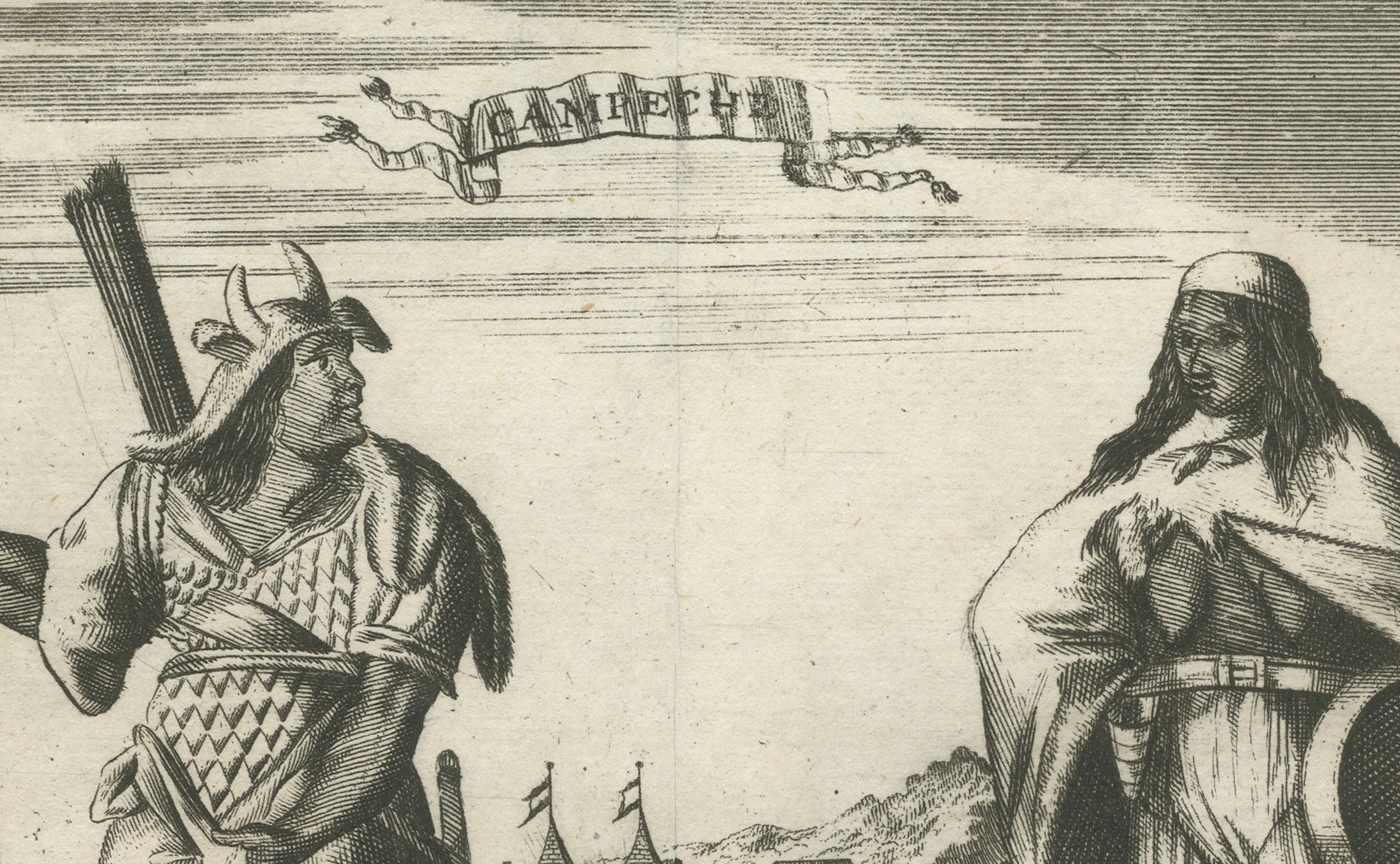 Campeche Mexico Engraving with Indigenous Figures by Allard Van der Aa, c1720