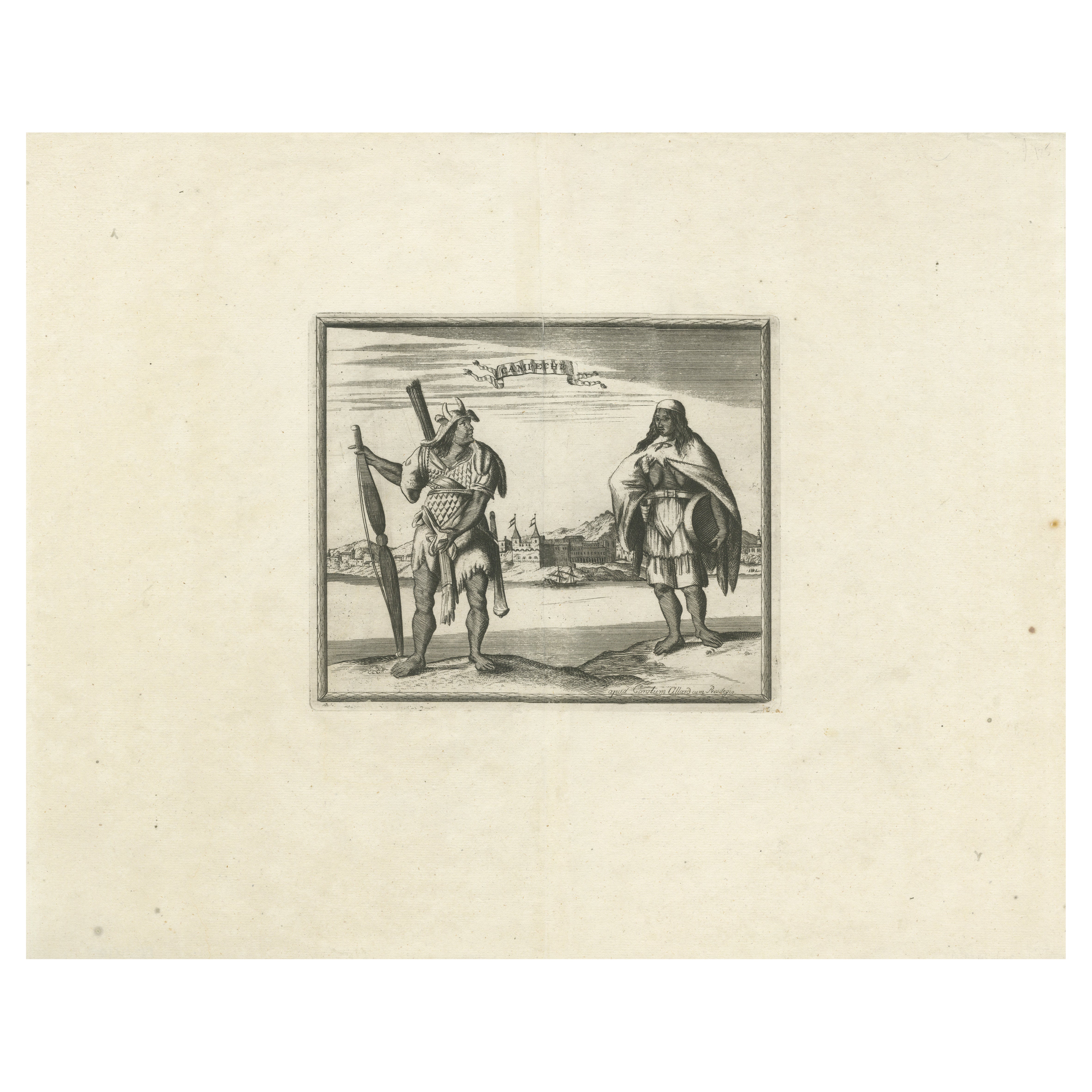 Incisione di Campeche Messico con figure indigene di Allard A. der Van, c1720 circa in vendita