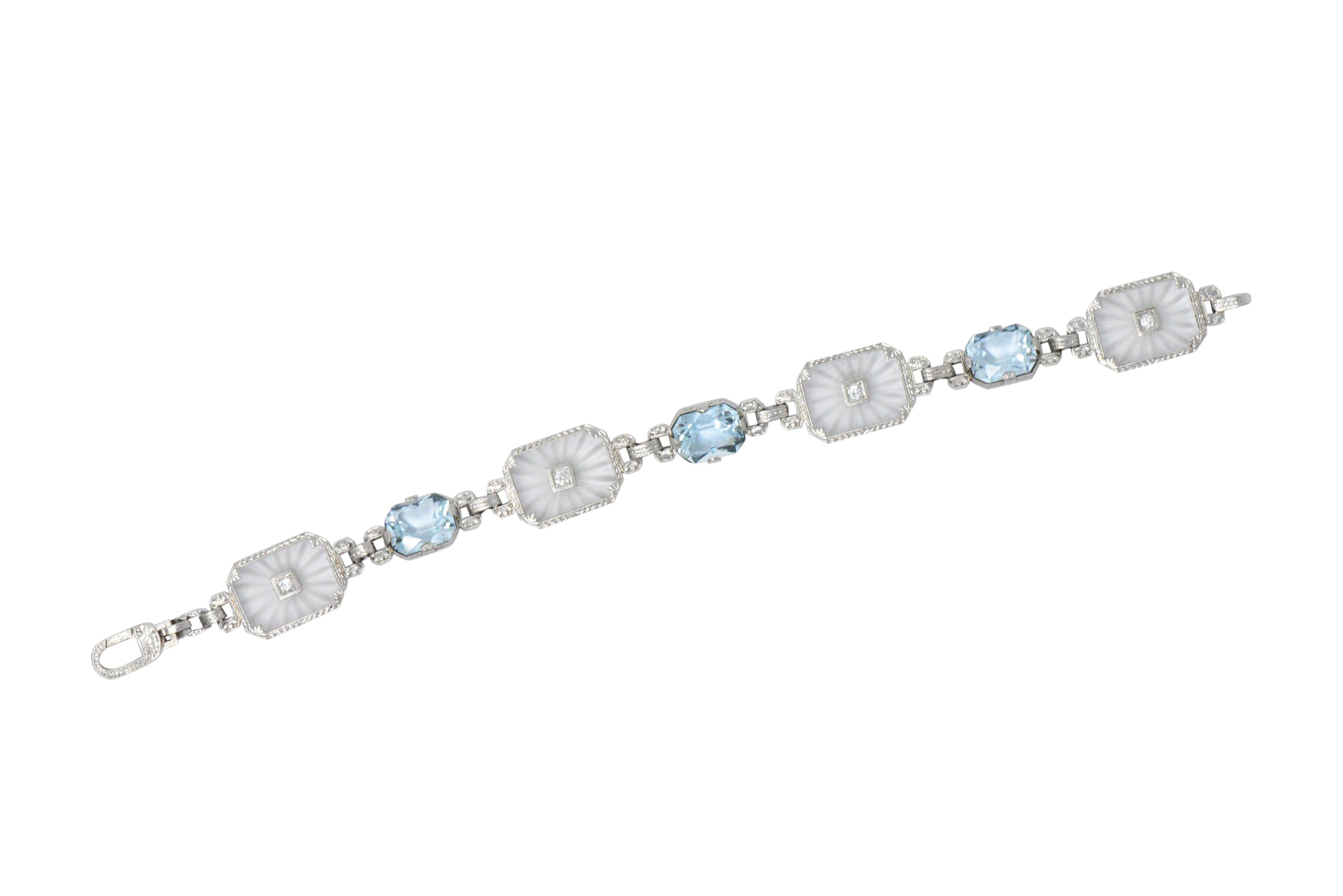 Art Deco  Camphor Glass Aquamarine Diamond 14K White Gold Bracelet CA 1925 Diana Krementz