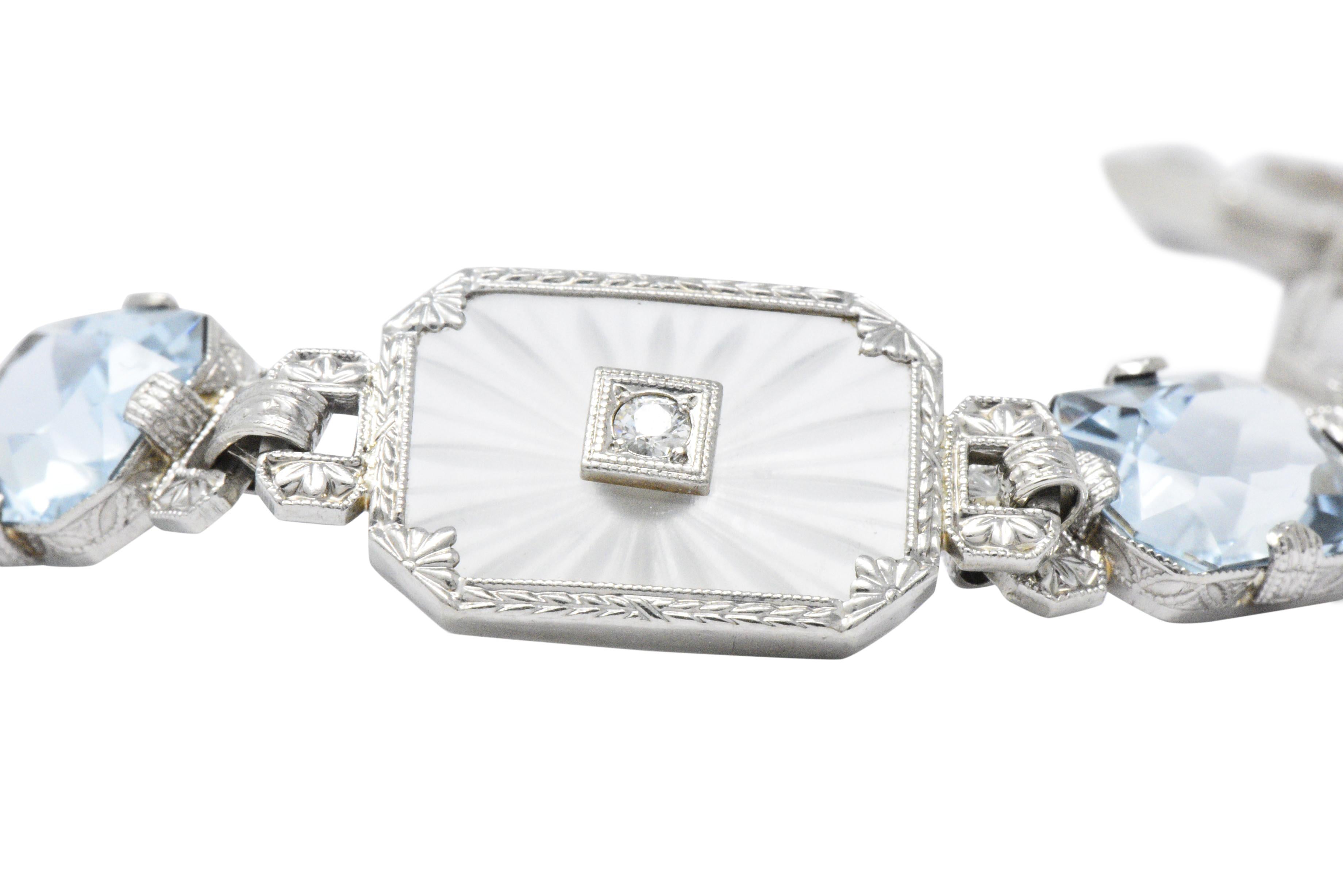  Camphor Glass Aquamarine Diamond 14K White Gold Bracelet CA 1925 Diana Krementz In Good Condition In Philadelphia, PA