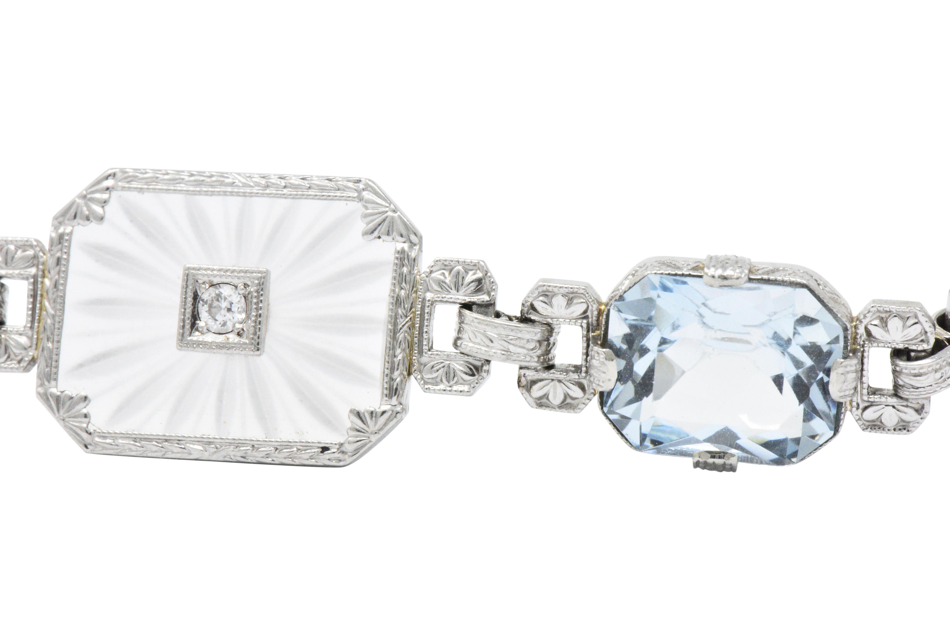 Women's or Men's  Camphor Glass Aquamarine Diamond 14K White Gold Bracelet CA 1925 Diana Krementz