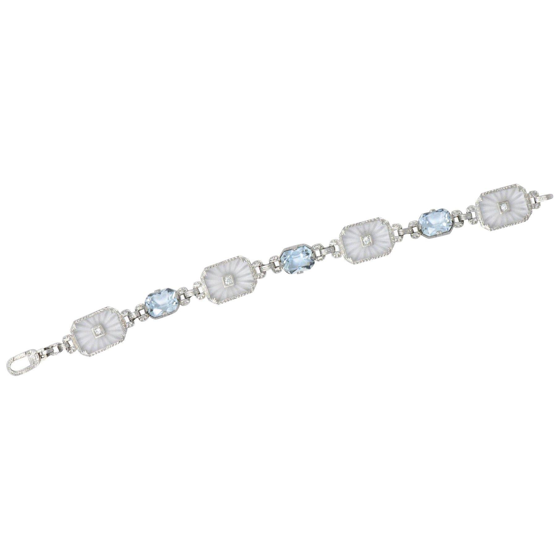  Camphor Glass Aquamarine Diamond 14K White Gold Bracelet CA 1925 Diana Krementz