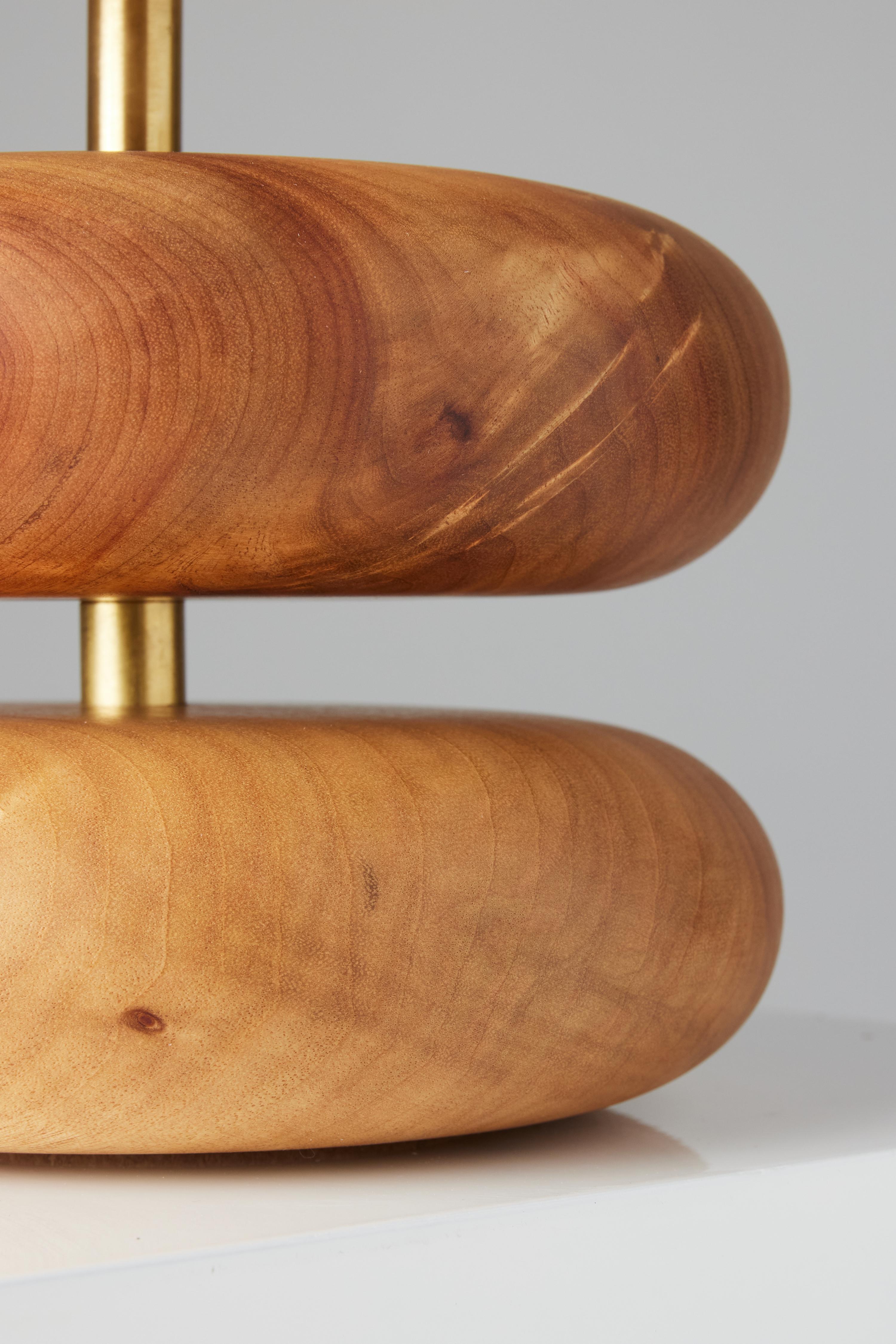 Modern Camphor River Rock Table Lamp, Hand Turned Reclaimed Wood, MCM, Handstrung Shade For Sale