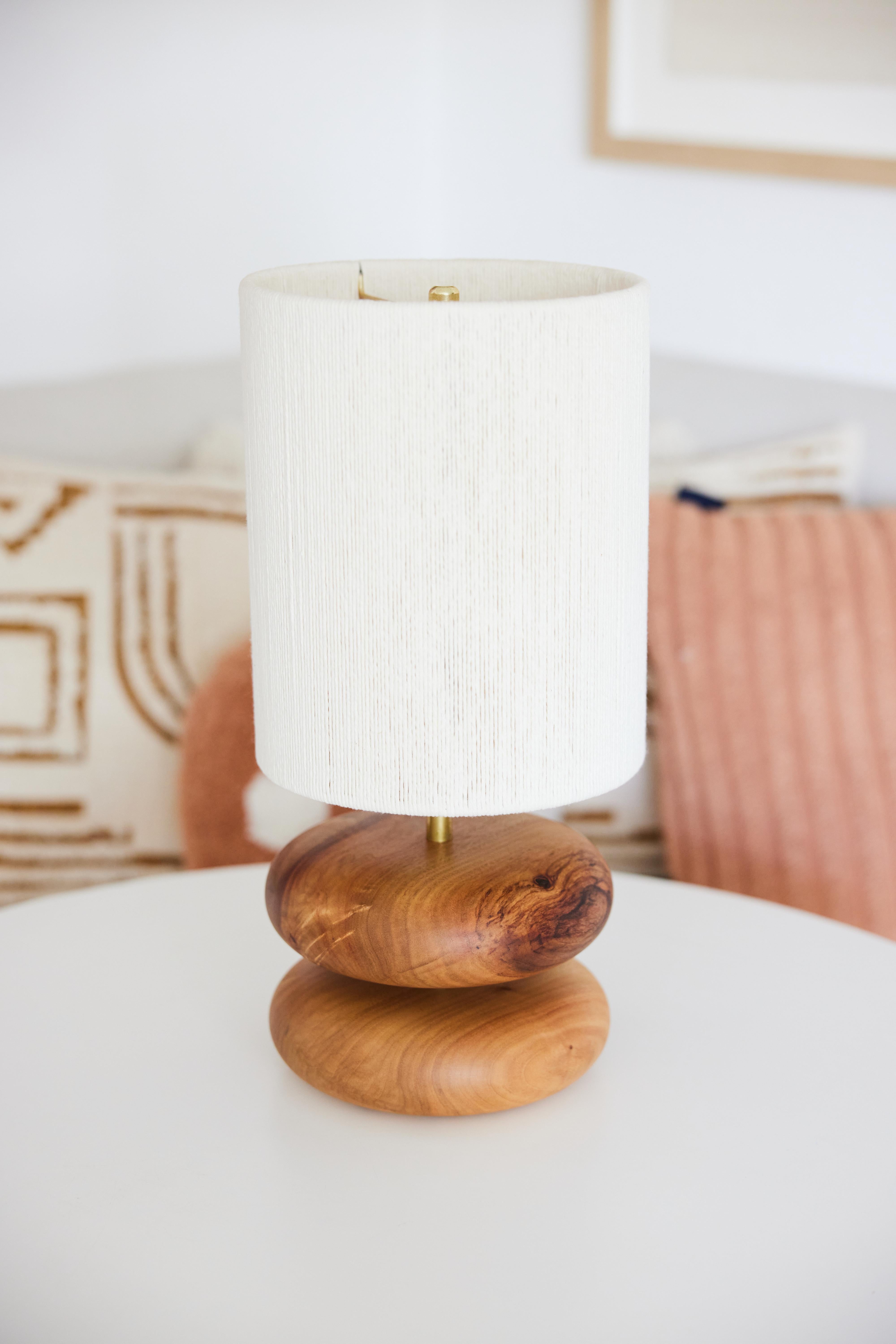 American Camphor River Rock Table Lamp, Hand Turned Reclaimed Wood, MCM, Handstrung Shade For Sale