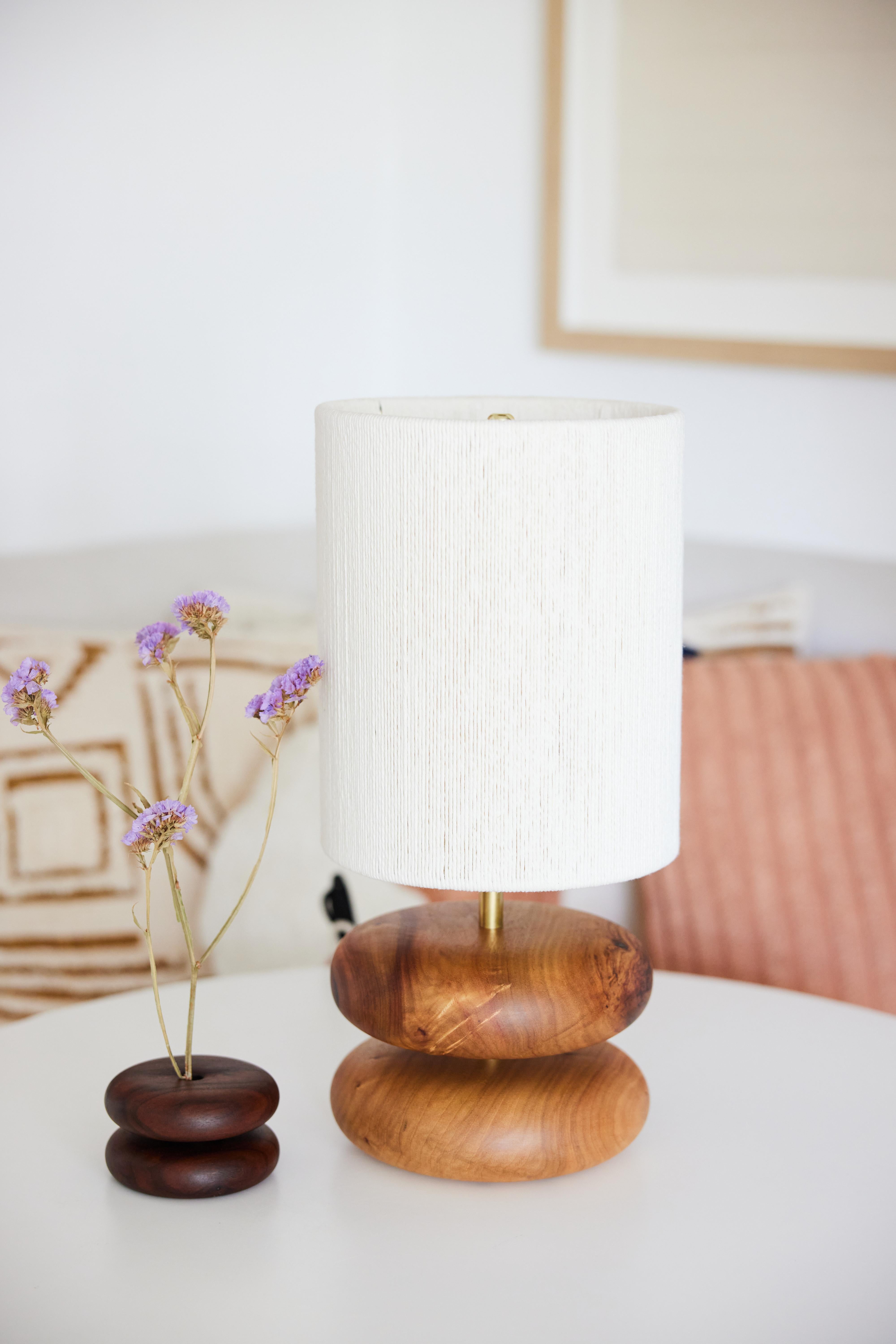 Hand-Crafted Camphor River Rock Table Lamp, Hand Turned Reclaimed Wood, MCM, Handstrung Shade For Sale