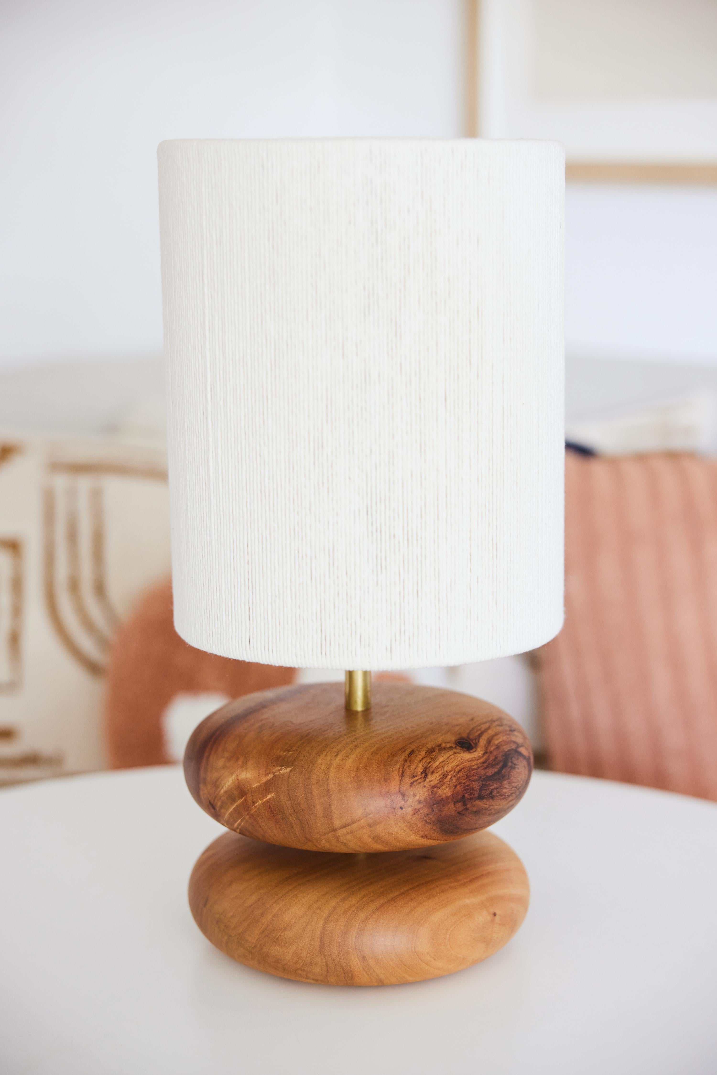 Camphor River Rock Table Lamp, Hand Turned Reclaimed Wood, MCM, Handstrung Shade In New Condition For Sale In Los Angeles, CA