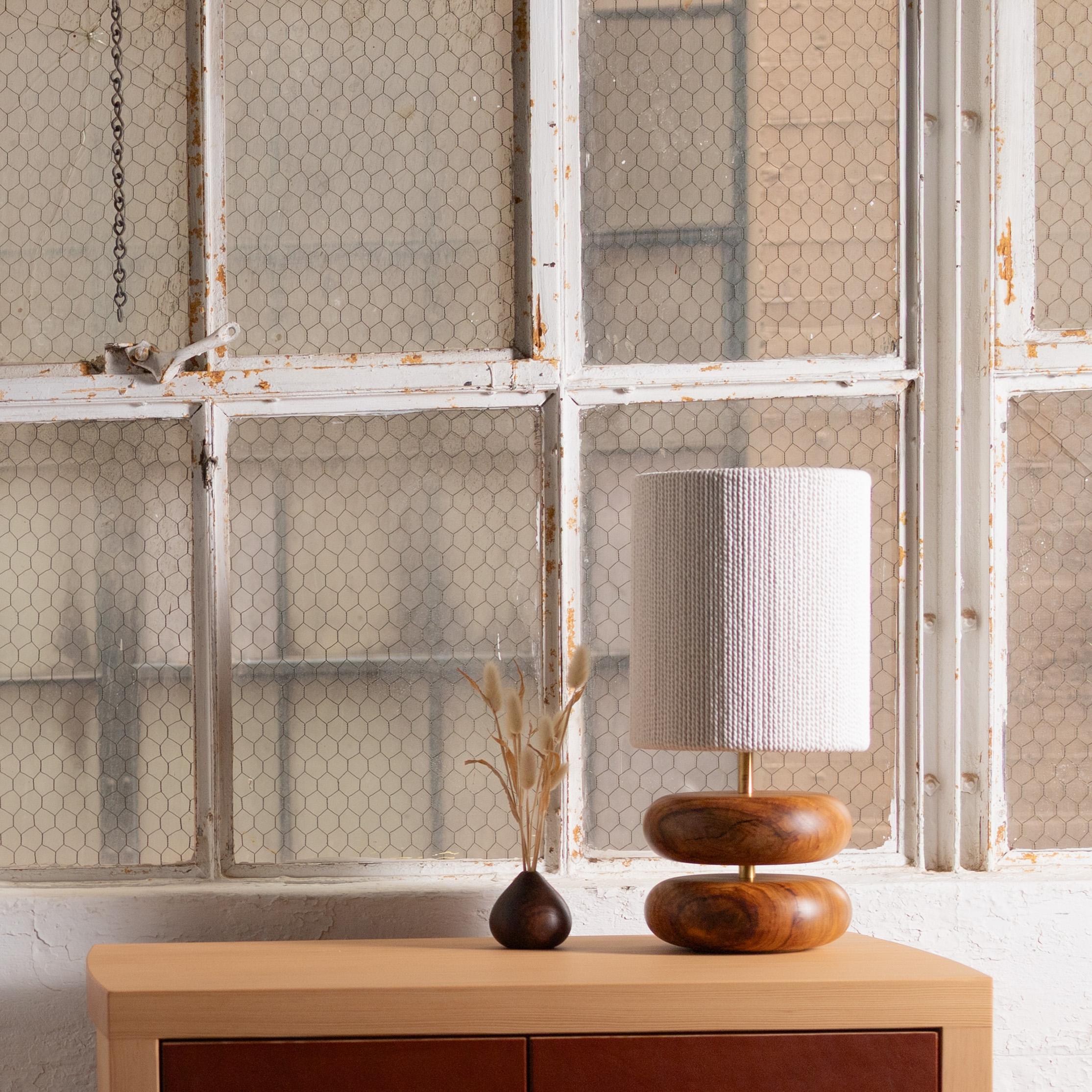 Brass Camphor River Rock Table Lamp, Hand Turned Reclaimed Wood, MCM, Handstrung Shade For Sale
