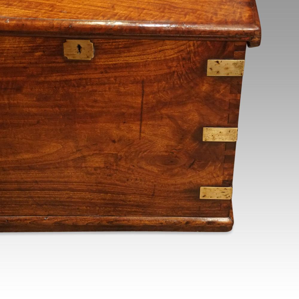 Antique camphorwood campaign chest
This Antique camphorwood campaign chest was made circa 1840.
This example most likely would have been made for a naval officer to use in the East.
Camphorwood was the timber chosen as insects and moths avoid this