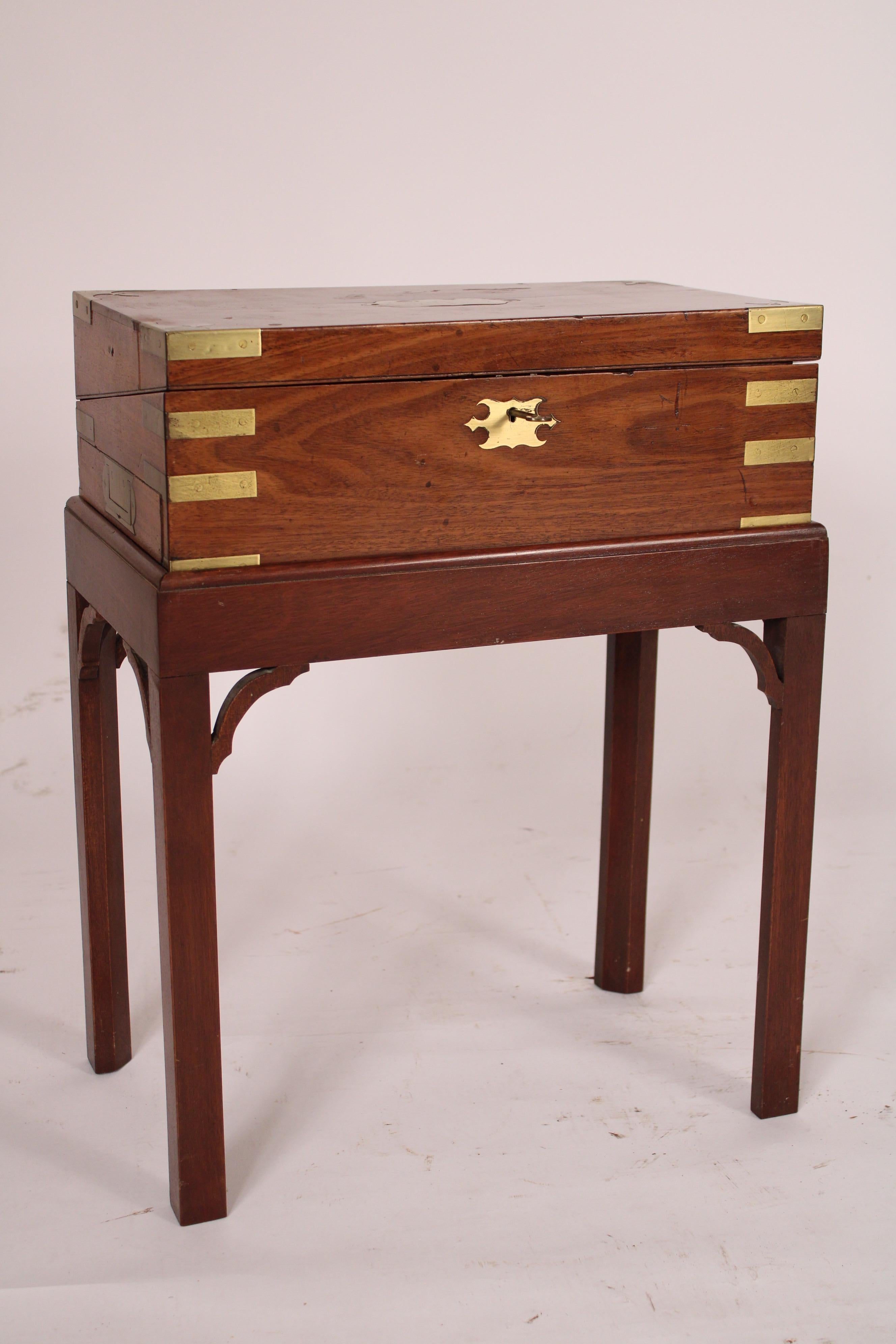 English Camphor Wood Campaign Style Writing Box on Stand