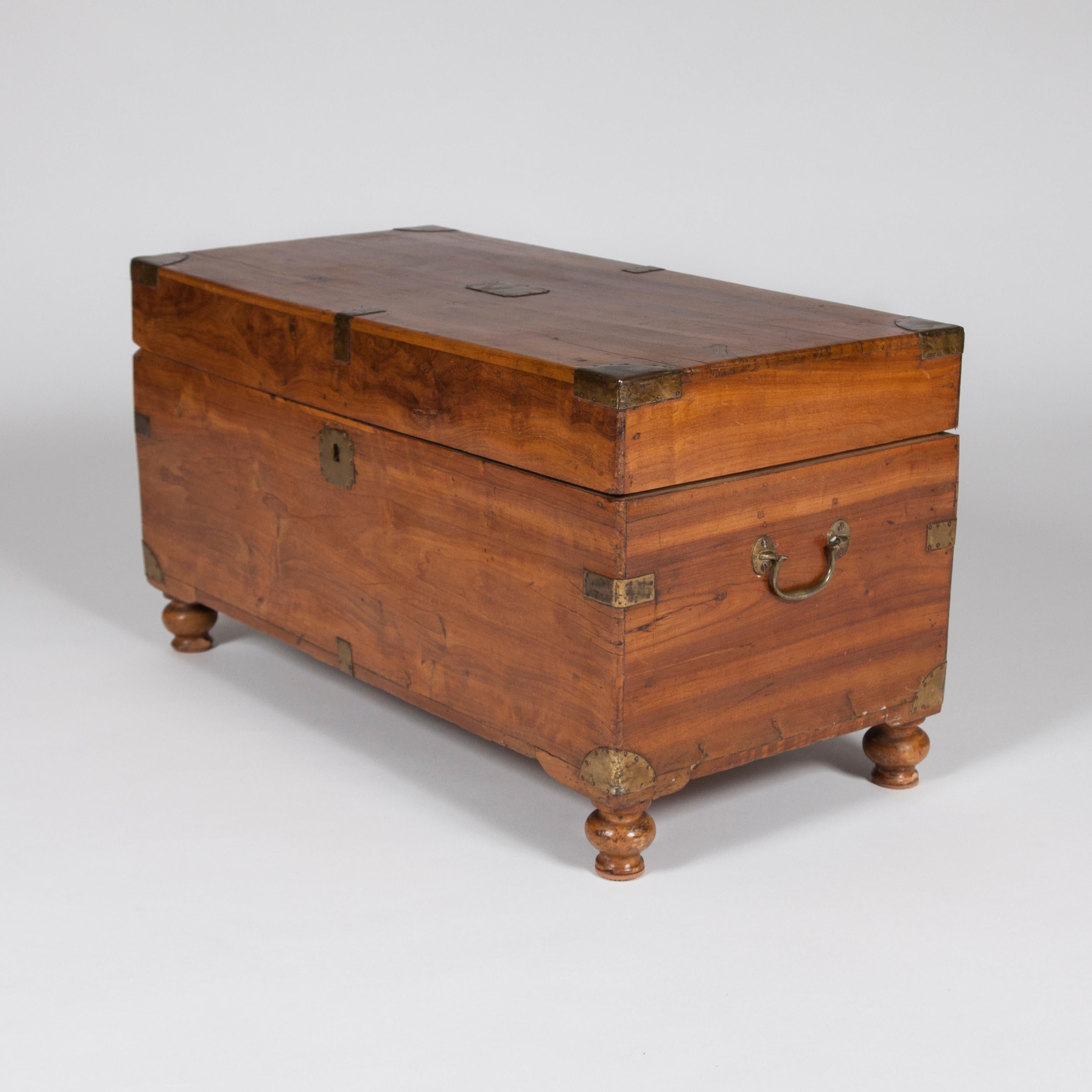 A late 19th century Victorian camphor wood trunk with hinged lid, brass handles and mounts on turned feet.