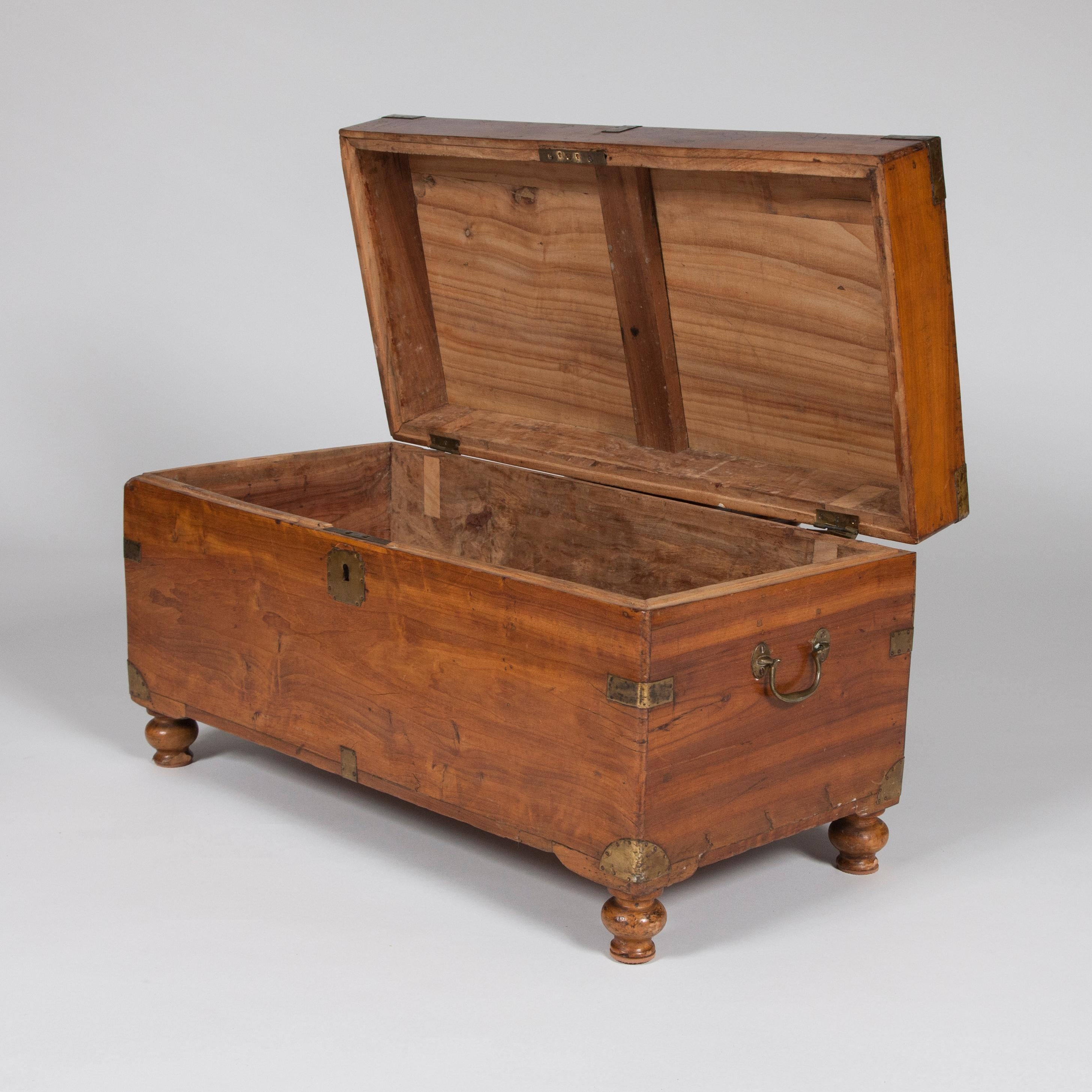 Camphor Wood Trunk with Hinged Lid, Brass Handles and Mounts, on Turned Feet In Good Condition In London, GB