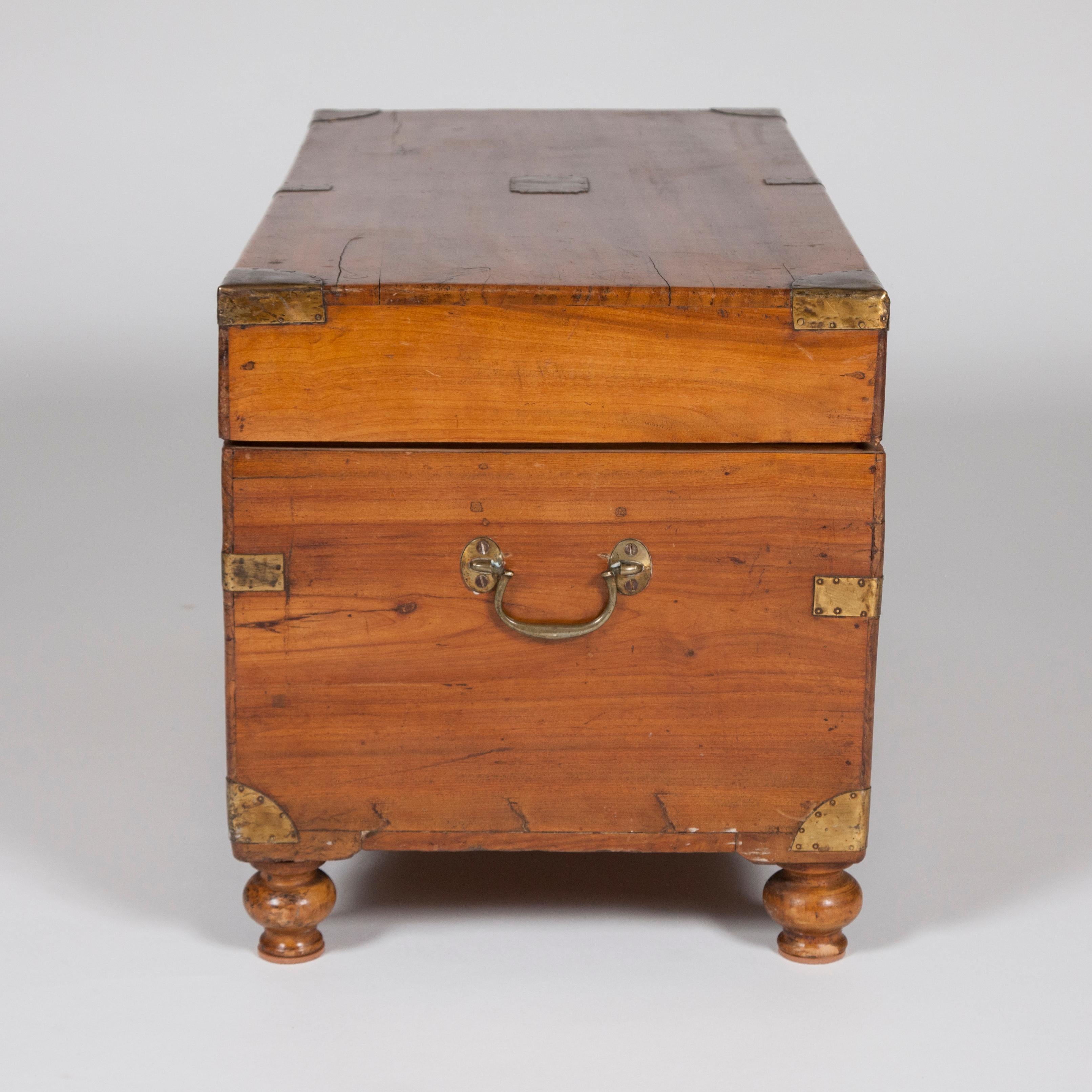 19th Century Camphor Wood Trunk with Hinged Lid, Brass Handles and Mounts, on Turned Feet