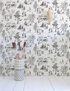 Papier peint Camping Toile de Jouy noir et blanc, Charbon