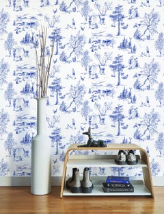 Carta da parati Camping Toile de Jouy Blu cobalto su bianco, lago