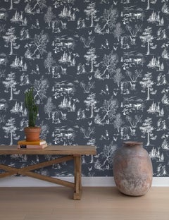 Camping Toile de Jouy Wallpaper Dark Blue Grey and White, Iris