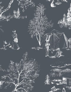 Camping Toile de Jouy Wallpaper Dark Blue Grey and White, Iris
