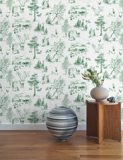 Camping Toile de Jouy Wallpaper Green and White, Bryn