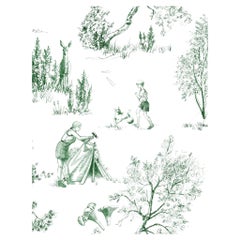Camping Toile de Jouy Wallpaper Green and White, Bryn