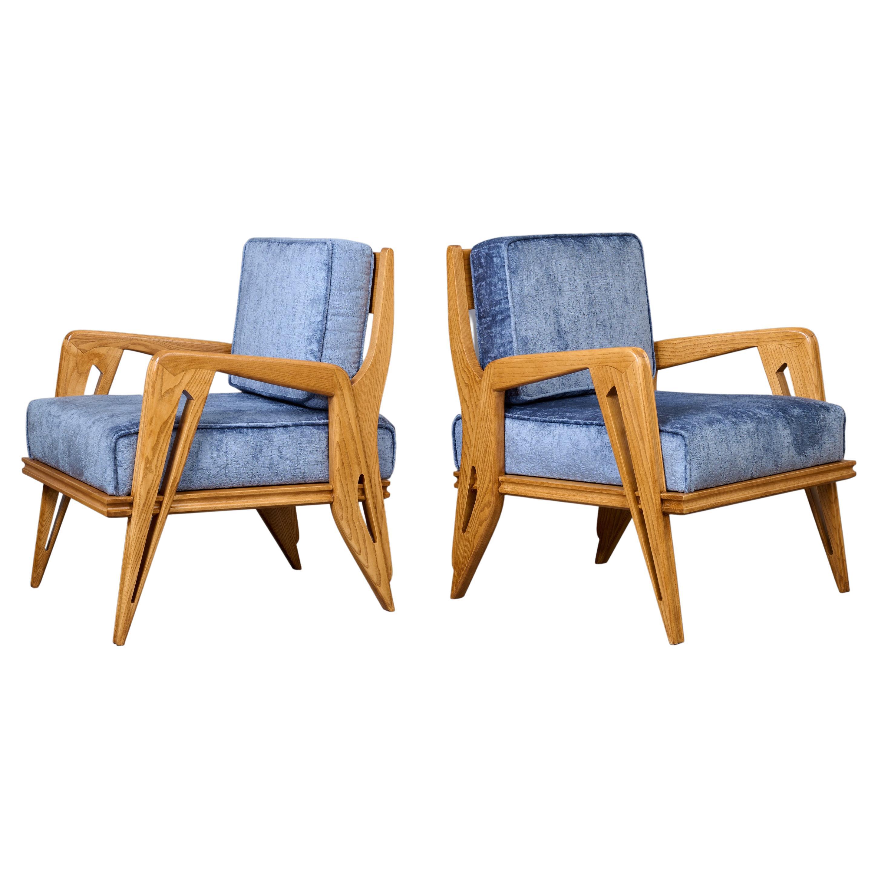 School of Turin: Dynamic Pair of Geometric Armchairs in Oak, Italy 1950s