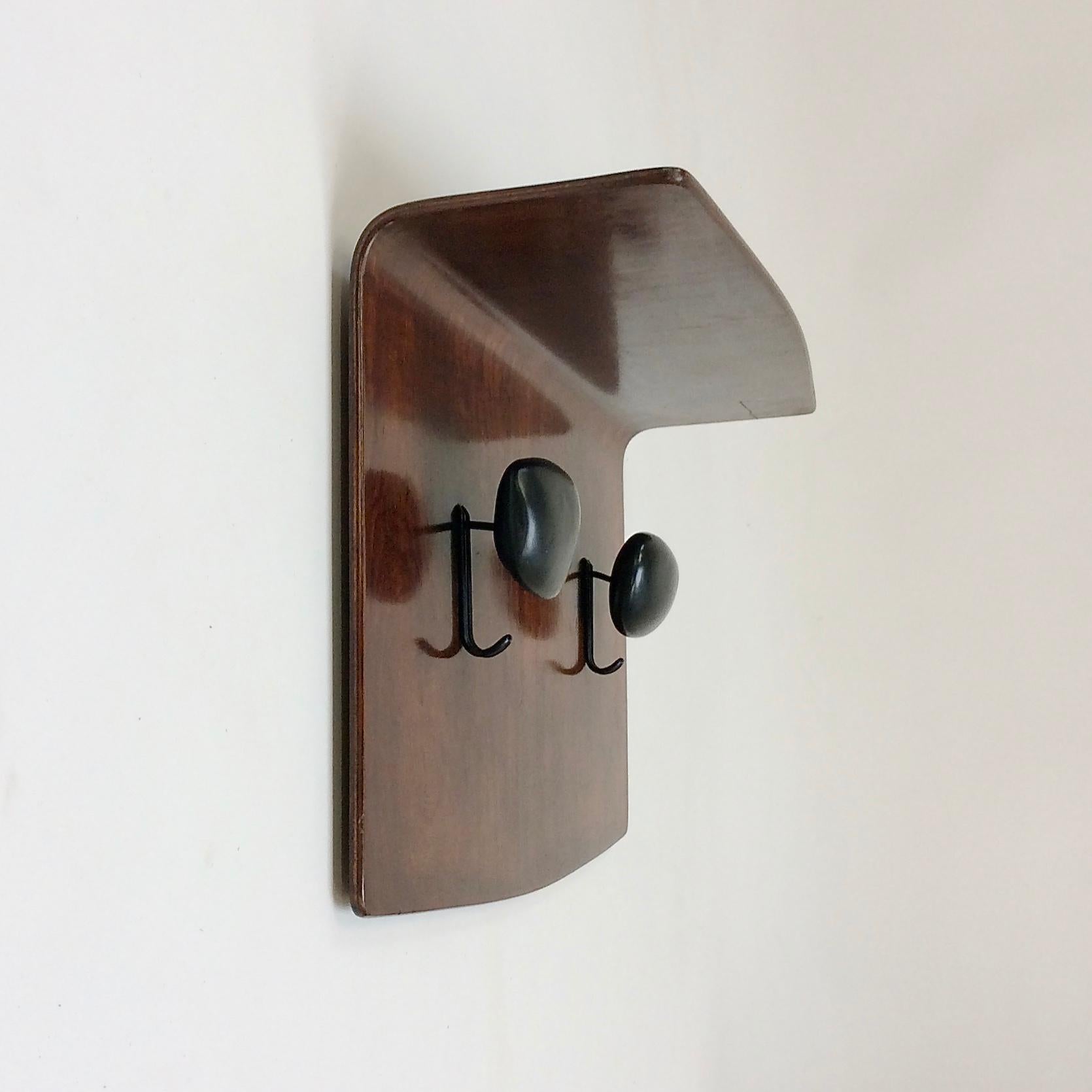 Italian Campo et Graffi Plywood and Ceramic Coat Rack, circa 1950, Italy