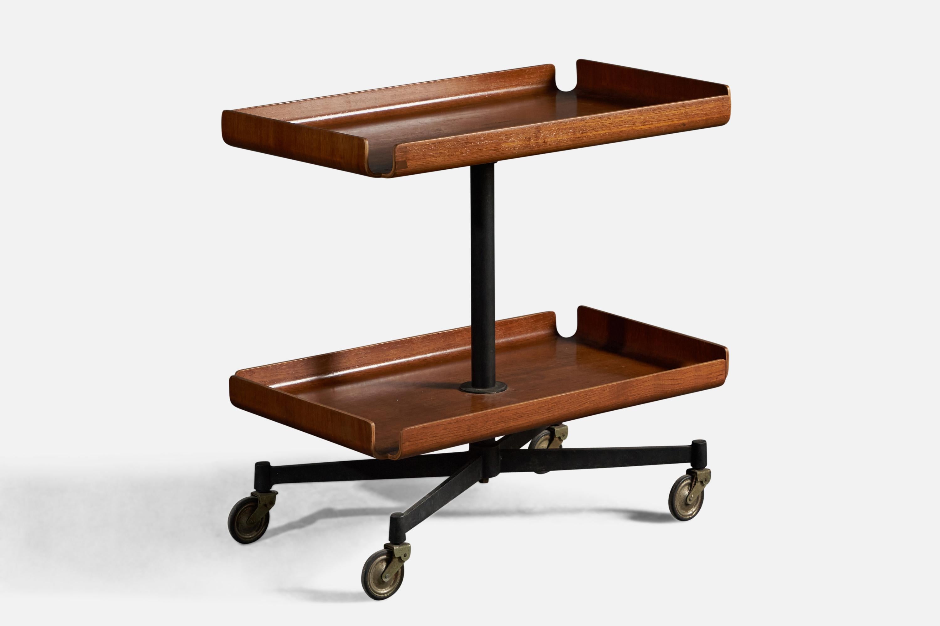 A black-lacquer metal, brass and moulded walnut plywood bar cart, design attributed to Campo & Graffi, presumably manufactured by Home, Italy, c. 1950s.