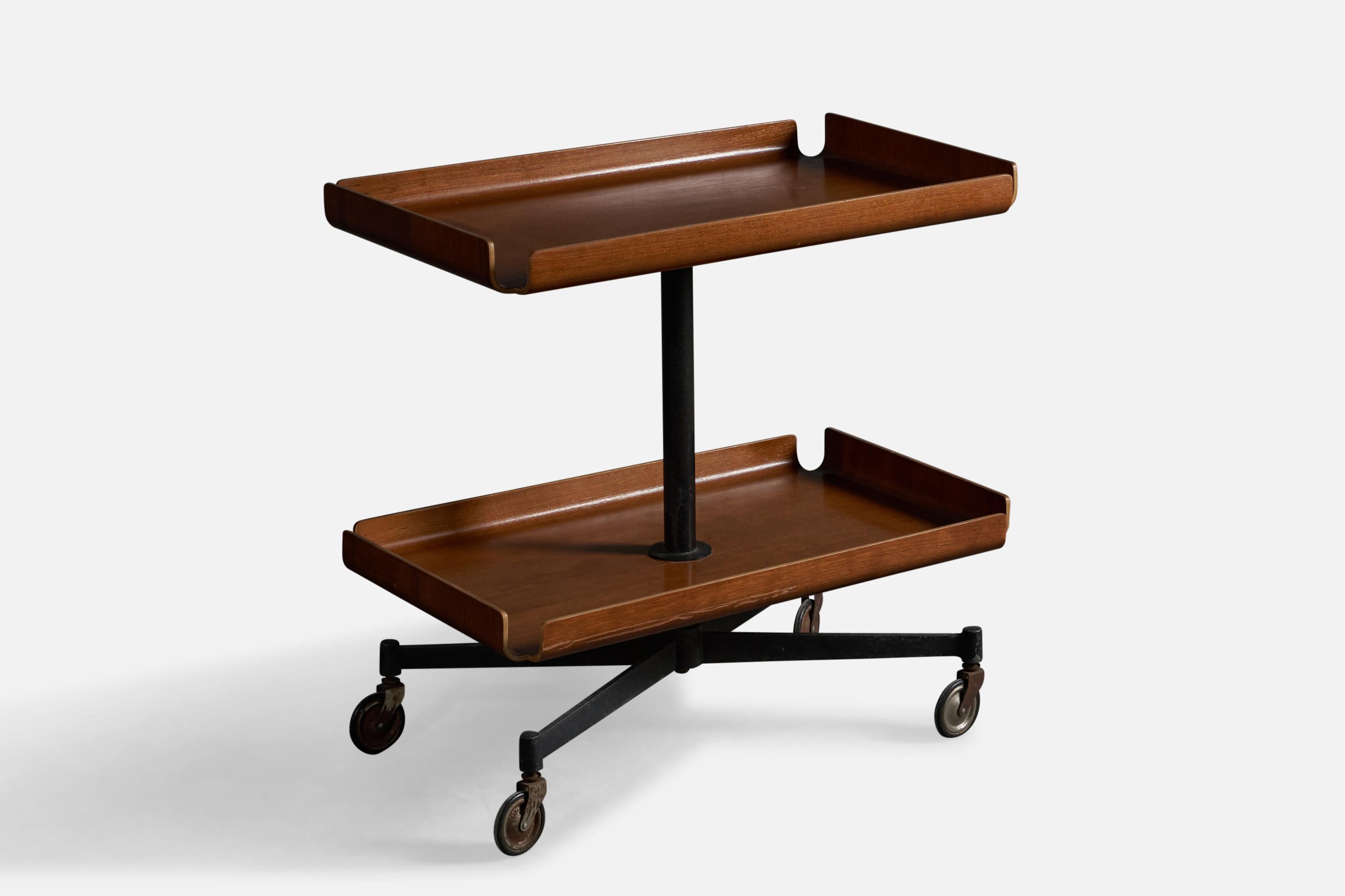 A black-lacquer metal, brass and moulded walnut plywood bar cart, design attributed to Campo & Graffi, presumably manufactured by Home, Italy, c. 1950s.
