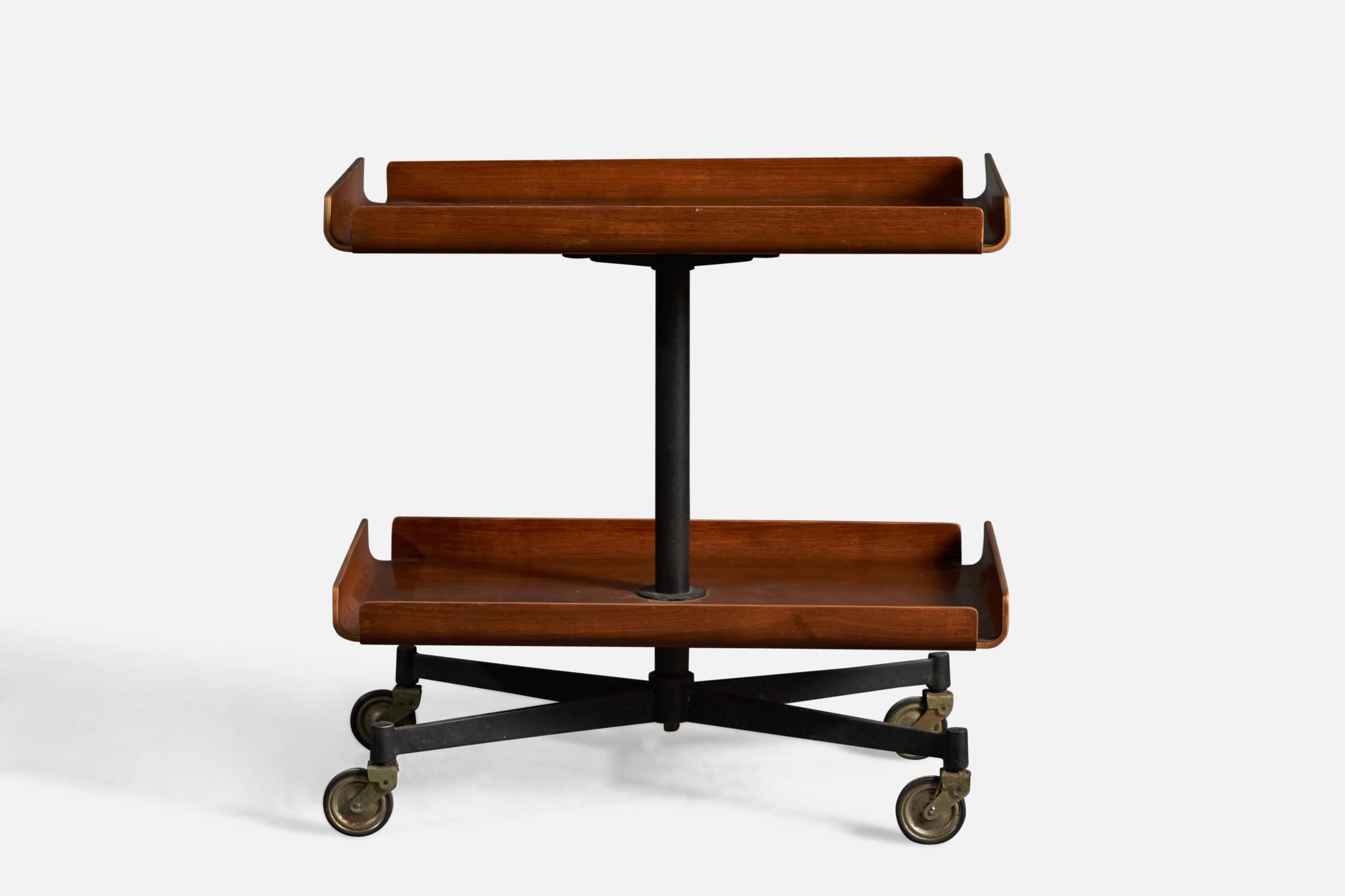 Mid-Century Modern Campo & Graffi Attribution, Bar Cart, Metal, Brass Moulded Plywood, Italy, 1950s For Sale