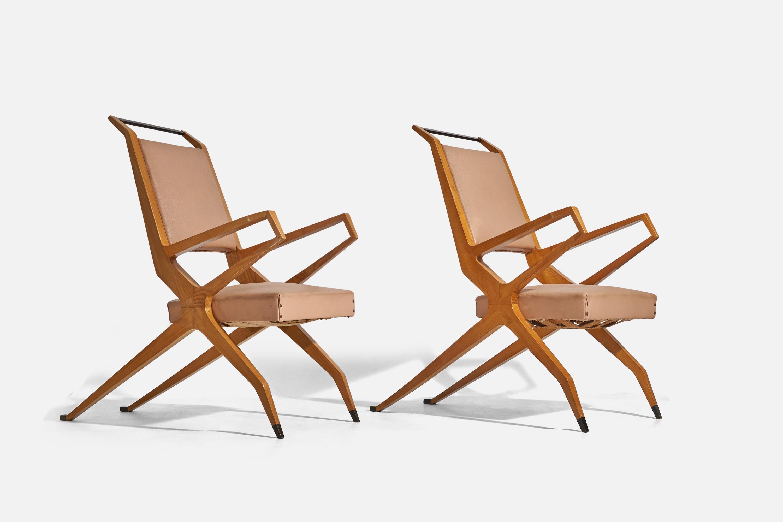 Mid-Century Modern Campo & Graffi Attribution, Lounge Chairs, Ash, Wood, Vinyl, Brass, C. 1955 For Sale