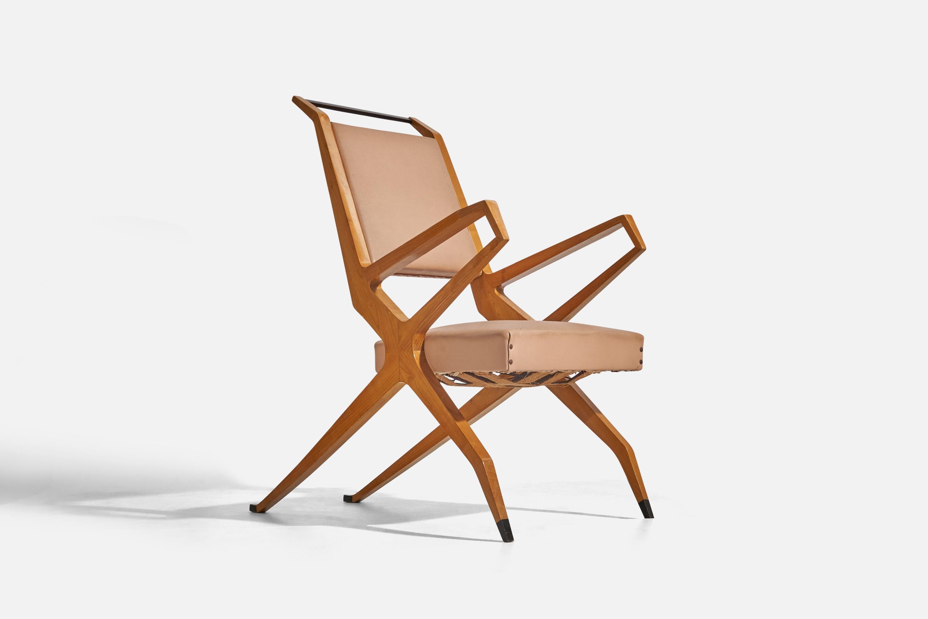 Italian Campo & Graffi Attribution, Lounge Chairs, Ash, Wood, Vinyl, Brass, C. 1955 For Sale