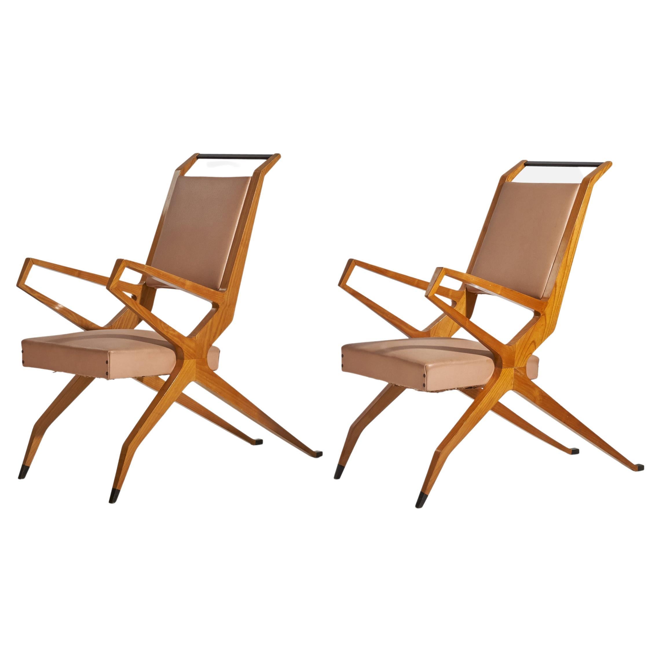 Campo & Graffi Attribution, Lounge Chairs, Ash, Wood, Vinyl, Brass, C. 1955 For Sale
