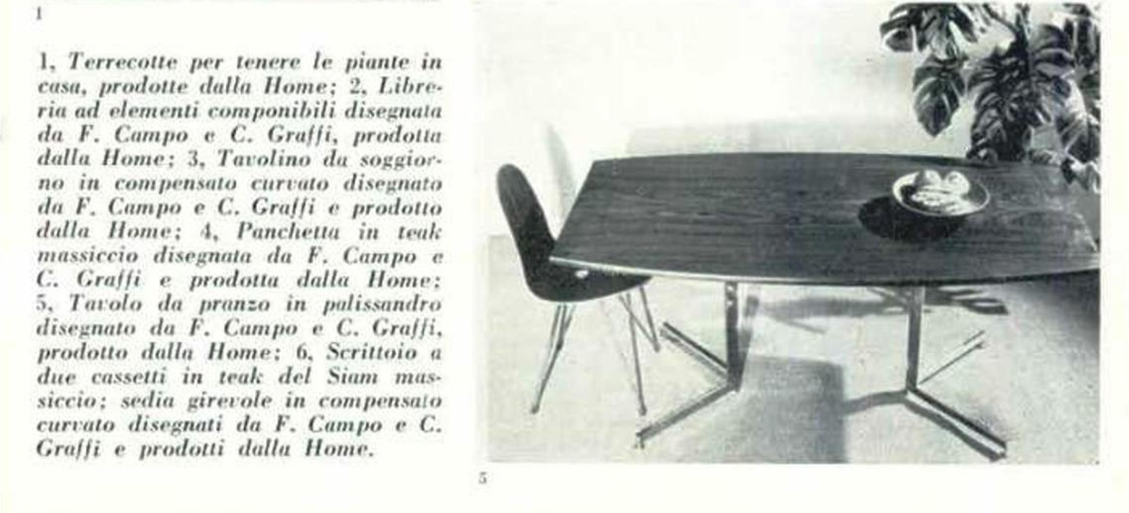 Exquisite and super rare  1958 dining set by Franco Campo and Carlo Graffi for their own Atelier  'Home' based in Turin Italy comprising a set of six sculptural form teak  plywood dining chairs complete  with the original and matching mahogany