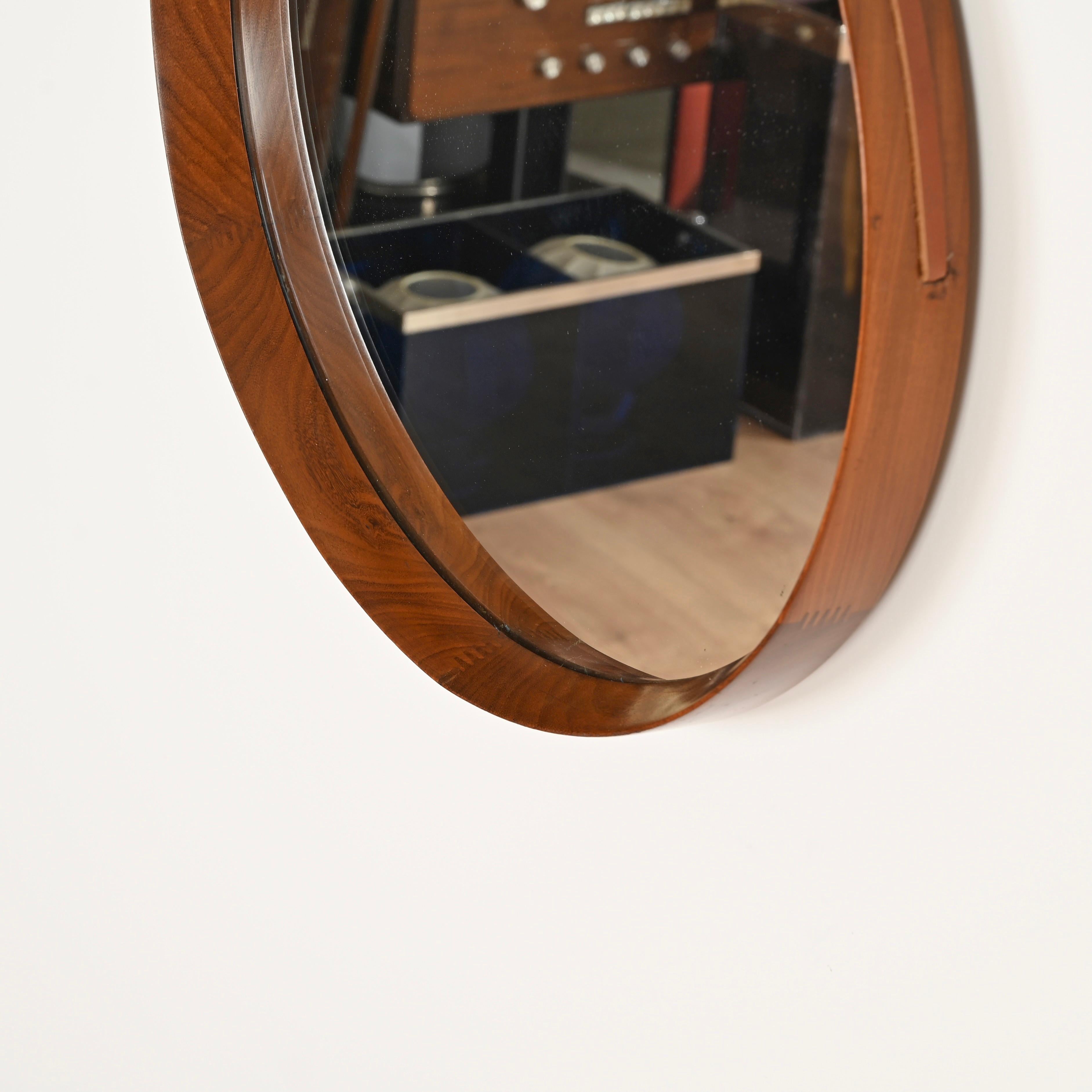 Rope Campo & Graffi Italian Round Mirror in Walnut and Leather Signed by Cantu, 1960s For Sale