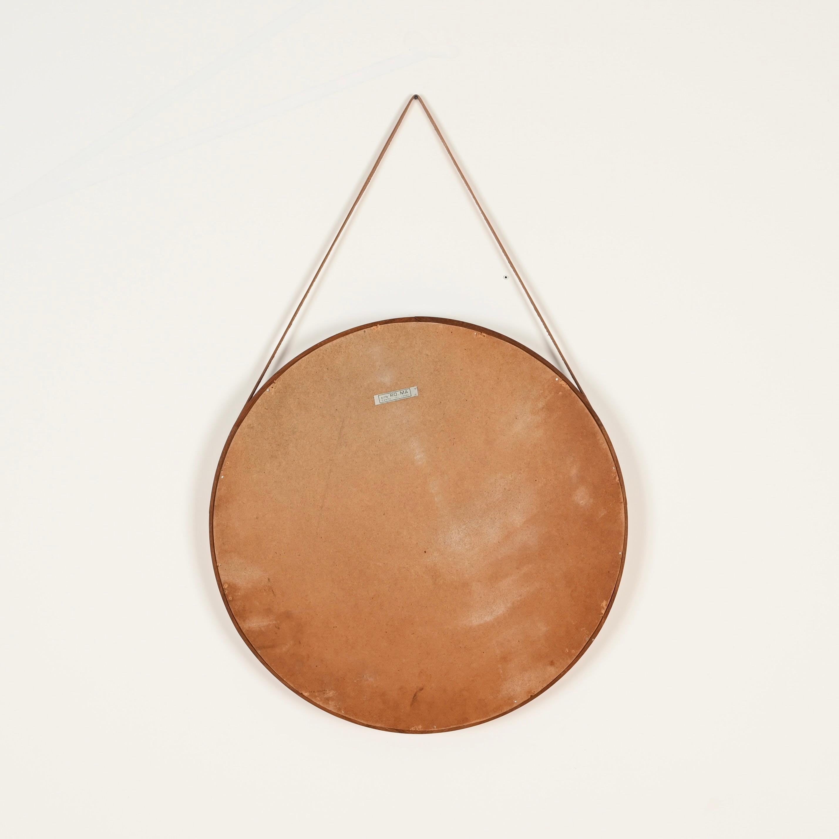 Campo & Graffi Italian Round Mirror in Walnut and Leather Signed by Cantu, 1960s For Sale 1