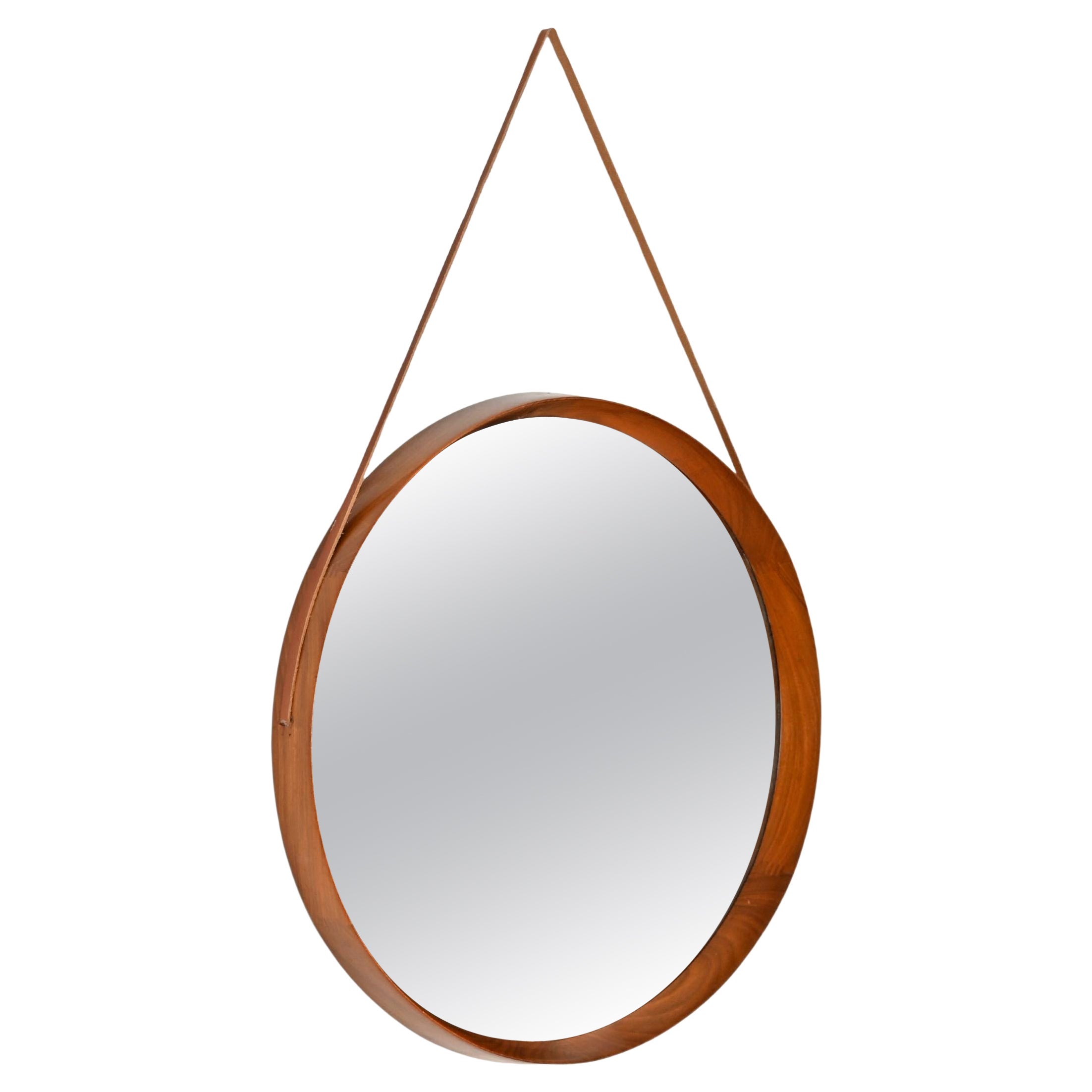Campo & Graffi Italian Round Mirror in Walnut and Leather Signed by Cantu, 1960s For Sale