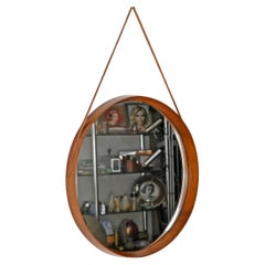 Campo & Graffi Italian Round Mirror in Walnut and Leather Signed by Cantu, 1960s