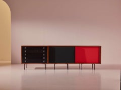 Credenza Campo & Graffi con scrivania in teak e tessuto rosso di Home, Italia, anni '50