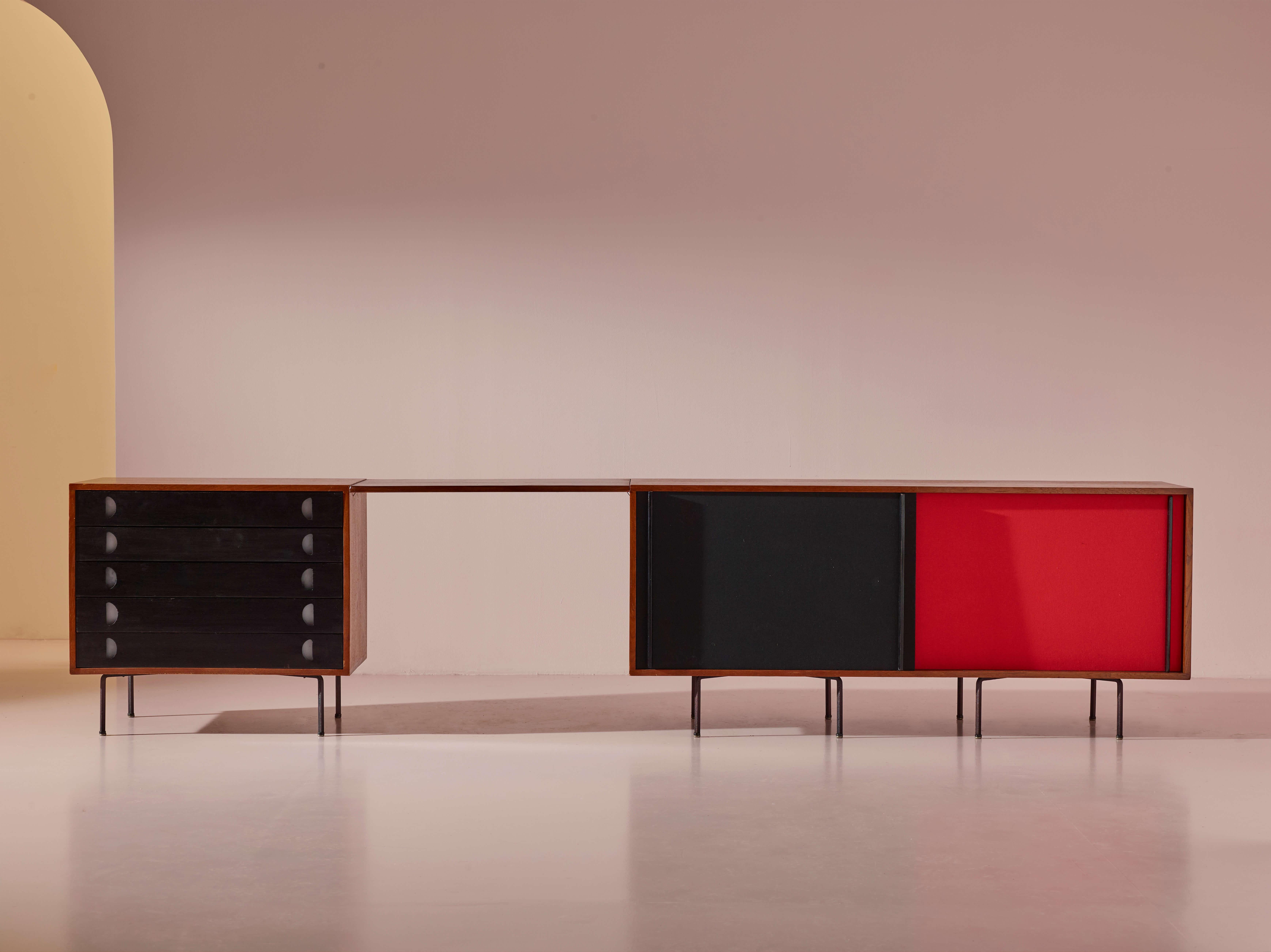 Mid-Century Modern Campo & Graffi sideboard with desk in teak and red fabric by Home, Italy, 1950s For Sale