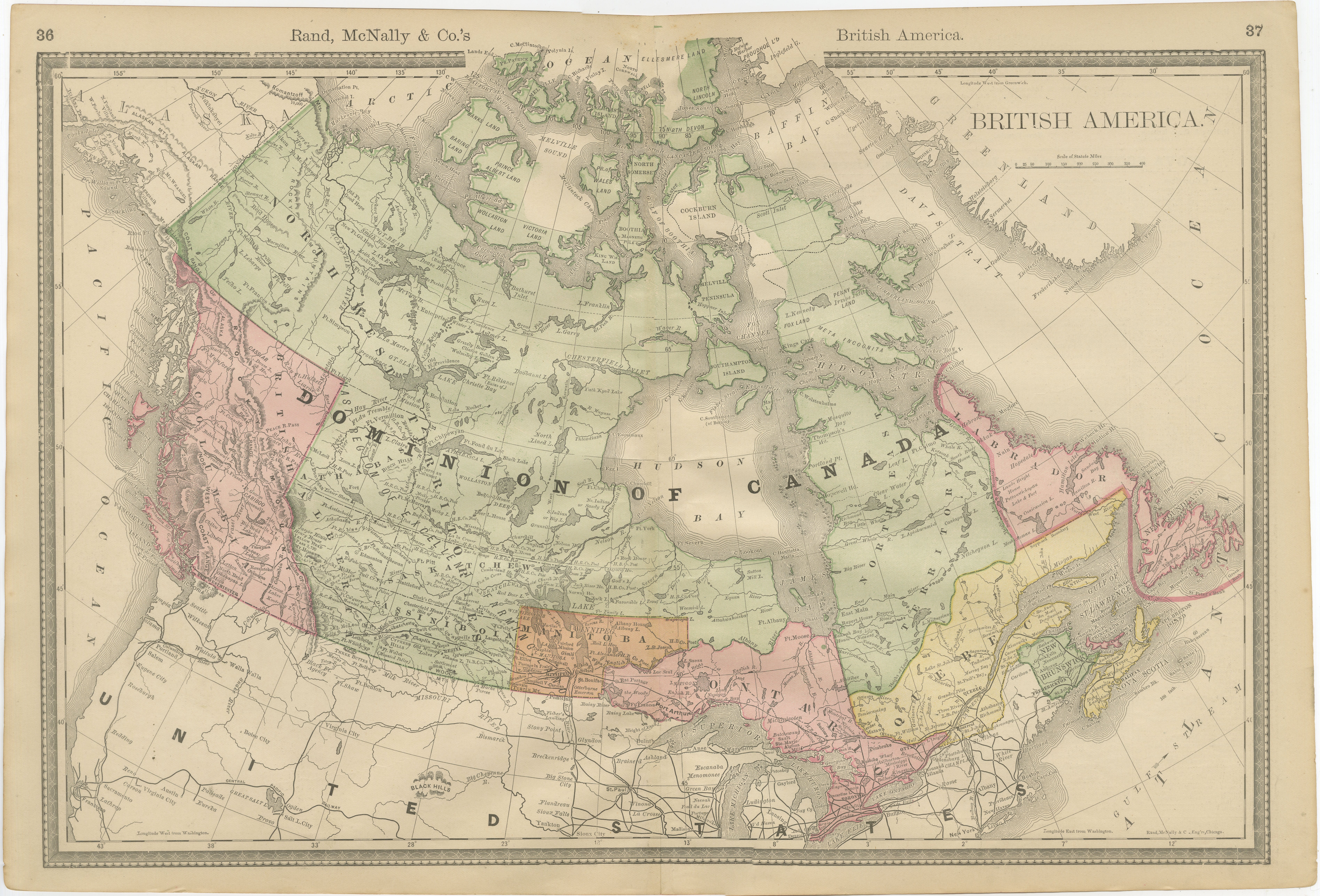 Mappa ferroviaria antica del Canada, 1888 circa - America Britannica, Città e Regioni