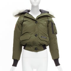 CANADA GOOSE army green nylon duck down fur trim hooded puffer jacket XXS