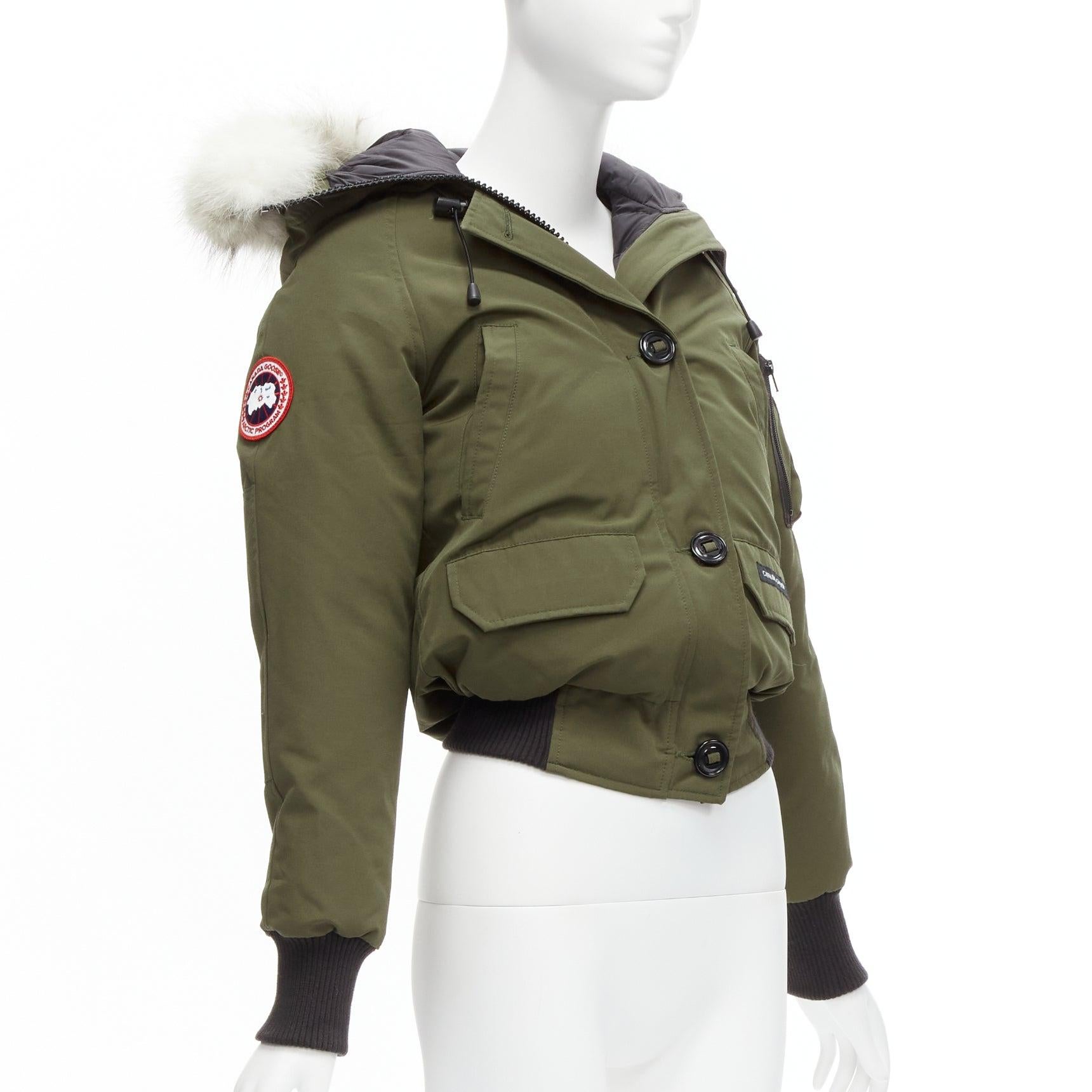 Black CANADA GOOSE army green nylon duck down fur trim hooded puffer jacket XXS