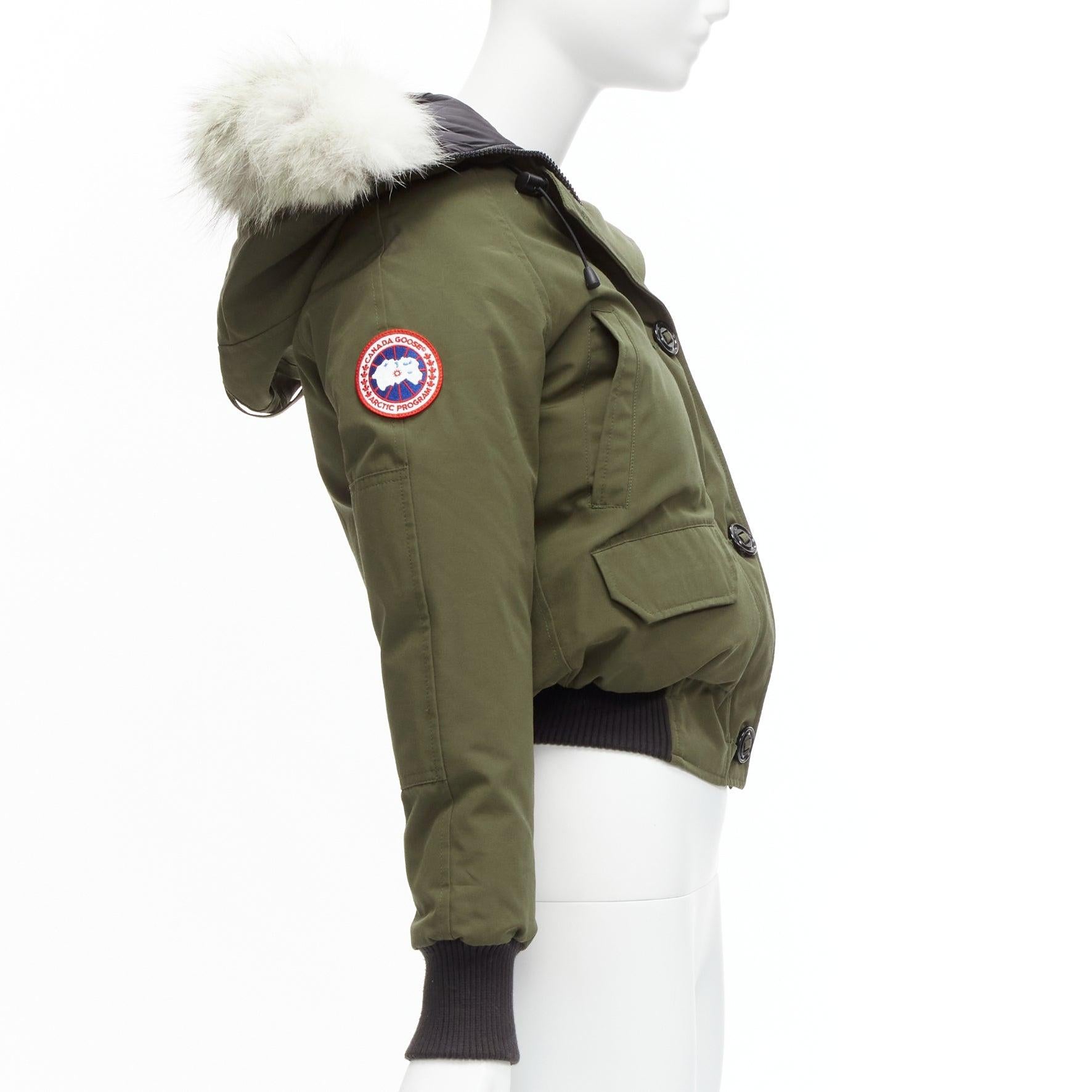 CANADA GOOSE army green nylon duck down fur trim hooded puffer jacket XXS In Good Condition In Hong Kong, NT