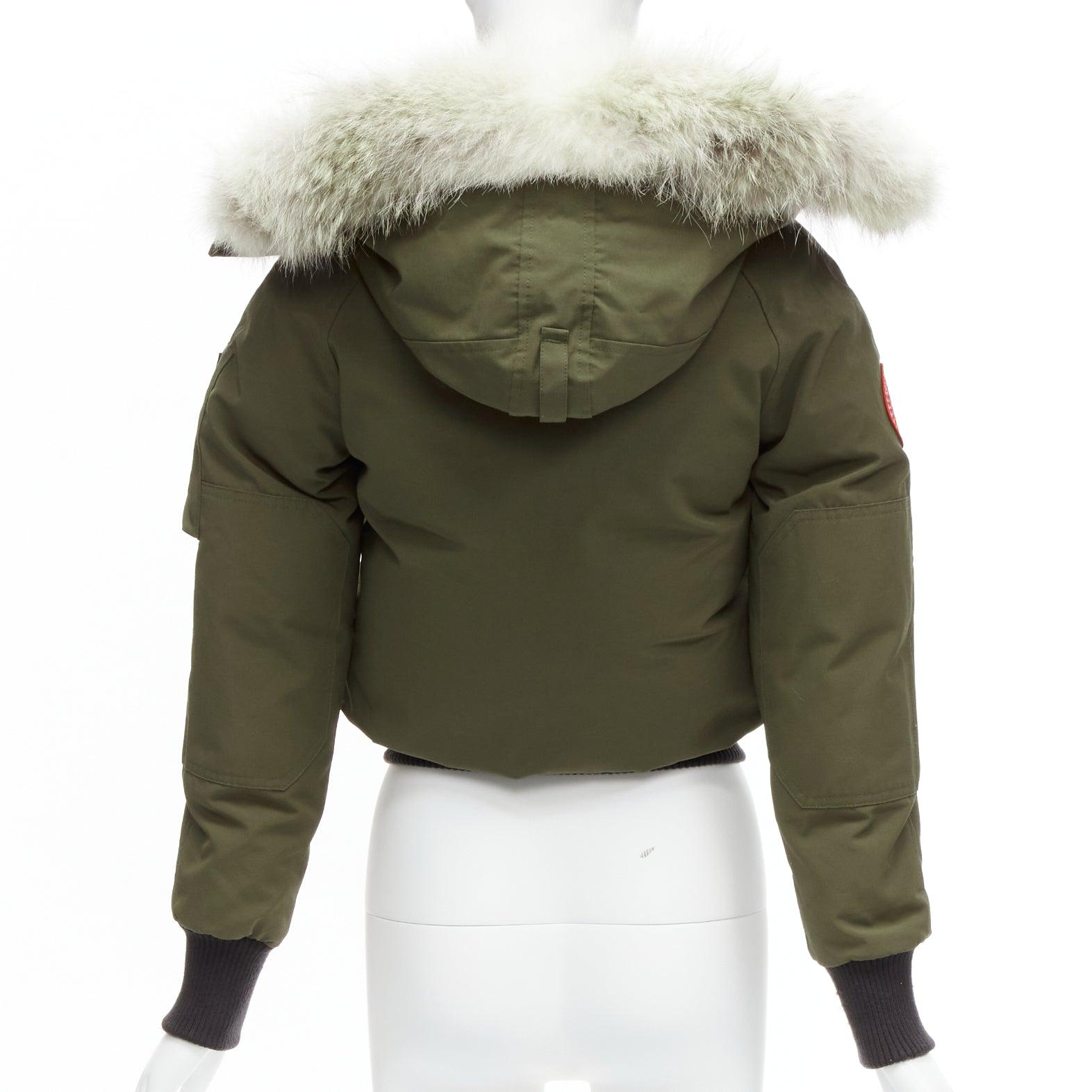 Women's CANADA GOOSE army green nylon duck down fur trim hooded puffer jacket XXS