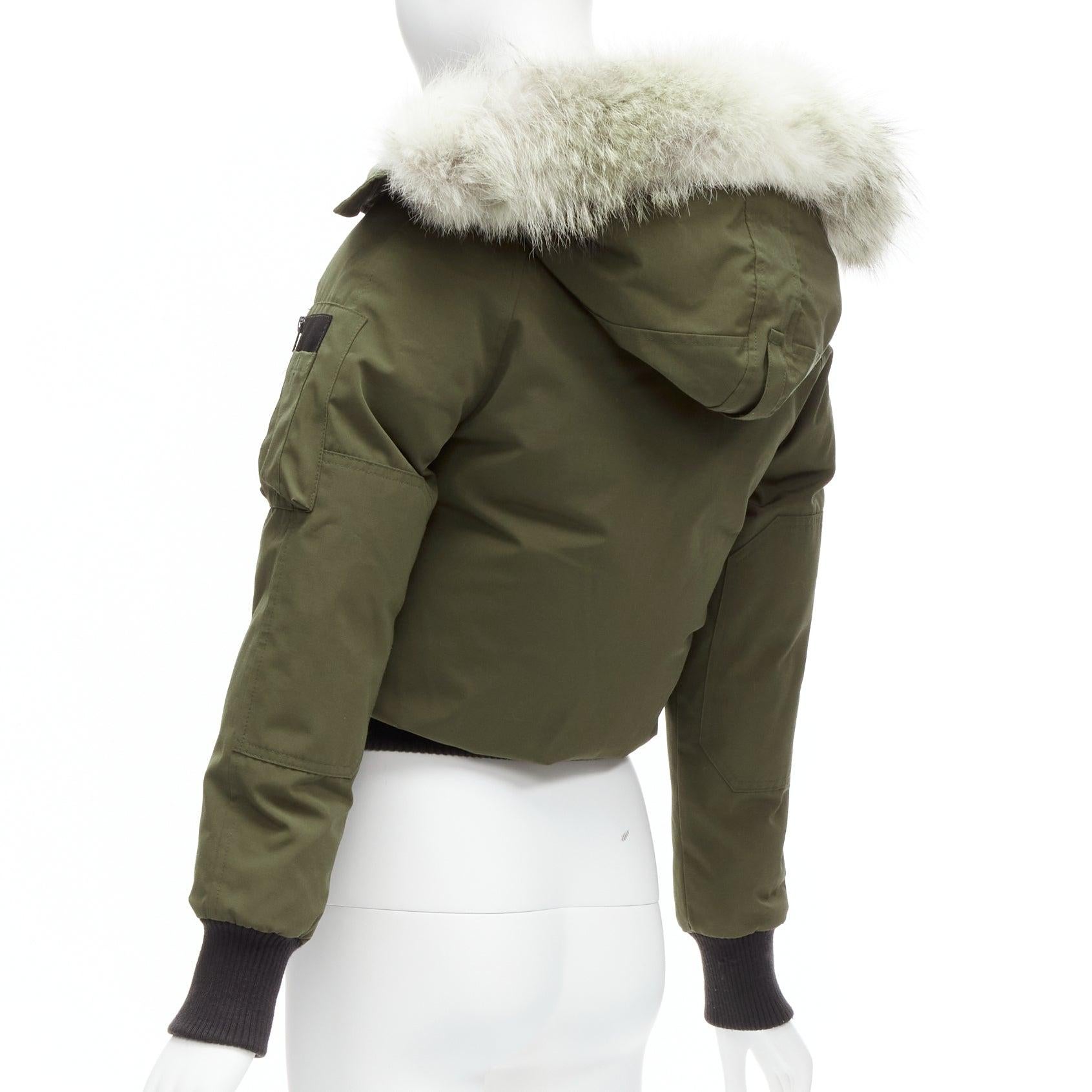CANADA GOOSE army green nylon duck down fur trim hooded puffer jacket XXS 1