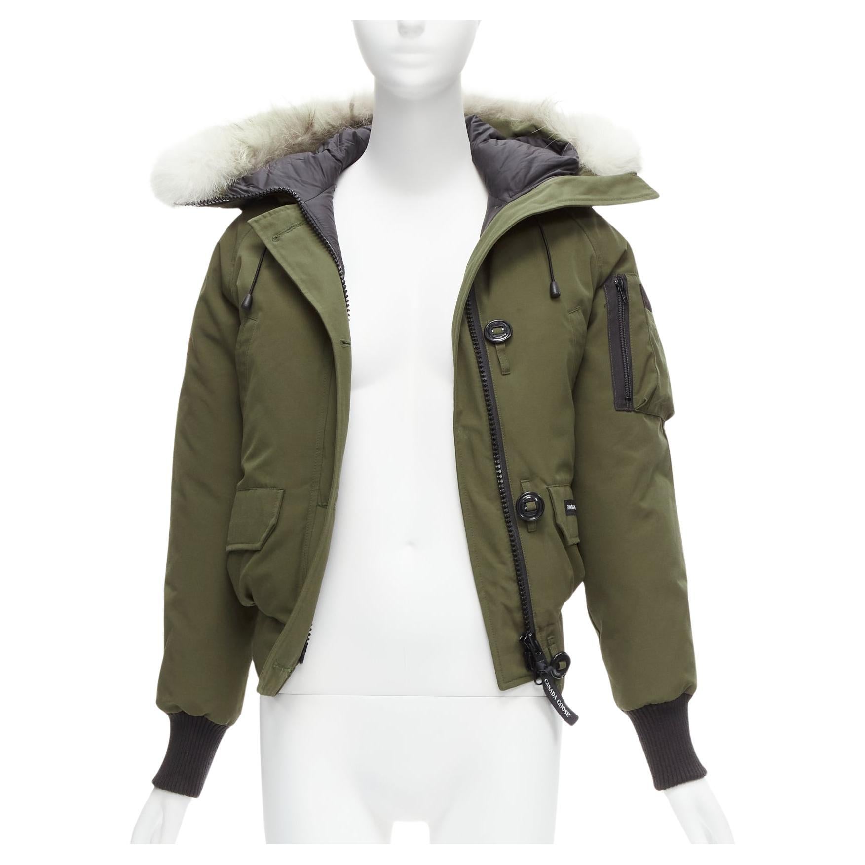CANADA GOOSE army green nylon duck down fur trim hooded puffer jacket XXS