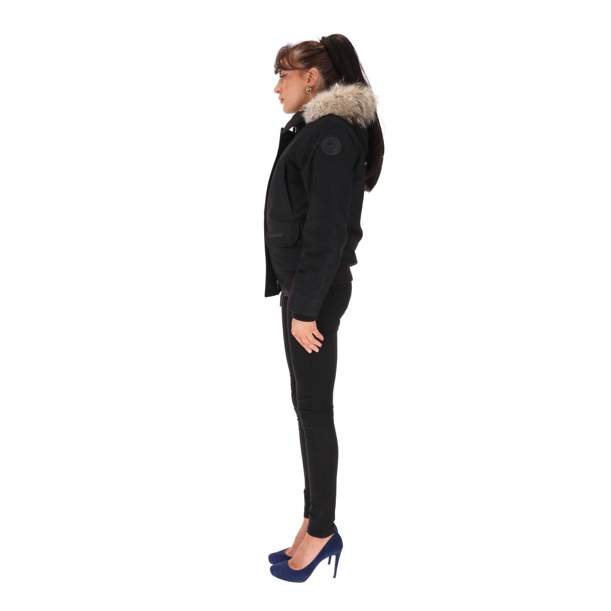 Black Canada Goose & Loro Piana Wool & Down Bomber Jacket With Coyote Fur Trim For Sale