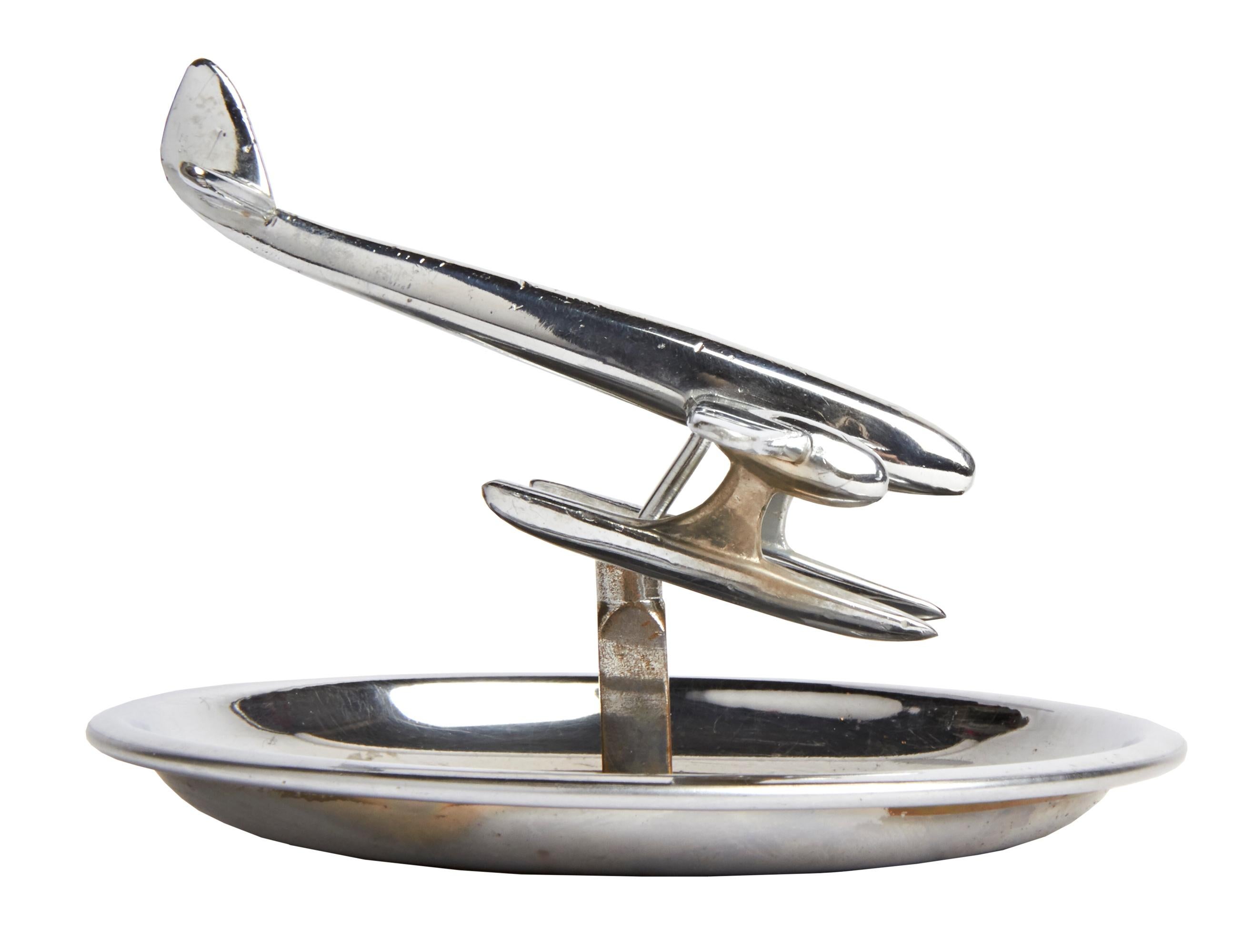 Plated Canadian Art Deco Chrome Figurative Ashtray with Articulated Seaplane 