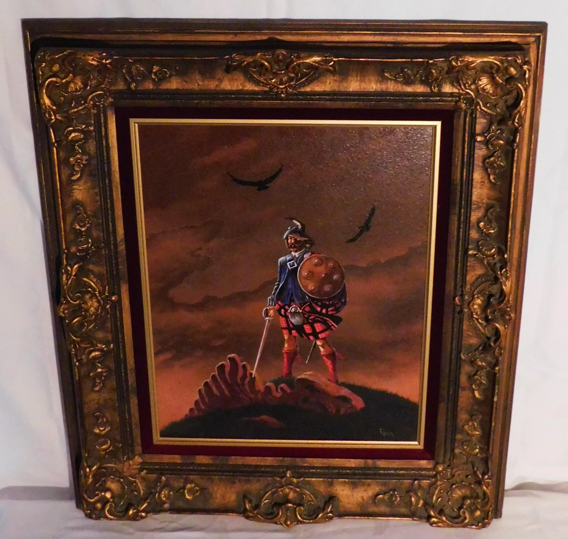 Oil on board of a mythical Scottish highlander who just slayed a dragon that has turned to bones, circa 1990s. Painted by Canadian artist Fraser from Burlington Ontario. In a vintage antique ornate older gold frame.

Actual painting size is 19.5