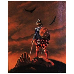 Retro Canadian Artist Fraser Painting of a Mythical Scottish Highlander Slain Dragon