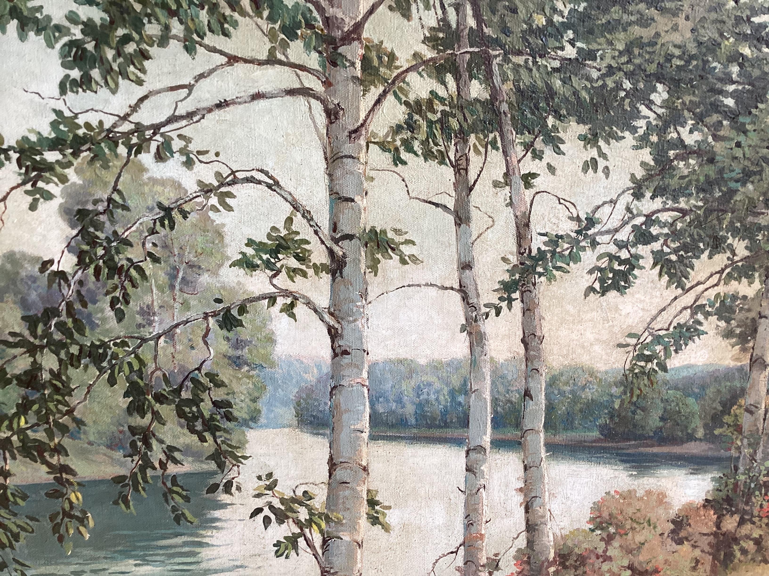 Kanadischer Birkenbaum Landschaftsgemälde Öl auf Leinwand Signiert W. Wright. Gesamtgröße 36 x 30 x 3 1/2 D Bildgröße 30